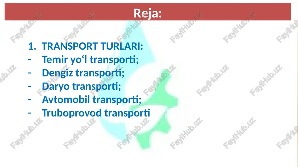 itoy, germaniya, argentina, avstraliya, fransiya, braziliyadan iborat «birinchi o`nlik» mamlakatlari hissasiga to'gri keladi. 7 temiryo'llar yevropada eng zich, rivojlanayotgan mamlakatlarda bo’lsa juda siyrak. bundan tashqari, temiryo'l transportining rivojlanganlik darajasini ularning elektrlashtirilgan va yangi texnika (havo yostig'i, magnit va elektrodinamika) vositalaridan foydalana olish imkoniyatlari ham belgilaydi. g`arbiy yevropa, vaponiya, aqshda temiryo`lar fan-texnika inqilobining so`nggi yutuqlari asosida qurilgan. fransiya, yaponiyada poyezdlar soatiga 280-300 km tezlikkacha harakat qilmoqda. ayrim afrika mamlakatlarida esa haligacha paravozlar xizmatidan foydalanib kelinadi. 8 temir yo’l vagonlarining turlari temir yo’l orqali yuk tashishda har xil vagon turlaridan foydalaniladi. yuk vagonlari parki yopiq vagonlar, platformalar, yarim ochiq vagonlar (poluvagon), tsisternalar, izotermik, bunker vagonlar, samosval-vagonlar, ref-vagonlardan va maxsus vazifali vagonlardan tarkib topadi. vagonlarning asosiy texnik – iqtisodiy ko’rsatkichlari: yuk ko’tarishi, tarasi (massasi), tara koeffitsienti, kuzovining solishtirma hajmi, g’ildirak o’qlari soni, pol yuzasining solishtirma maydoni, g’ildirak juftining relsga bosimi va bir metr uzunlikdagi yo’lga tushadigan og’irlik bosimi bilan ifodalanadi. eng tarqalgan vagonlar …