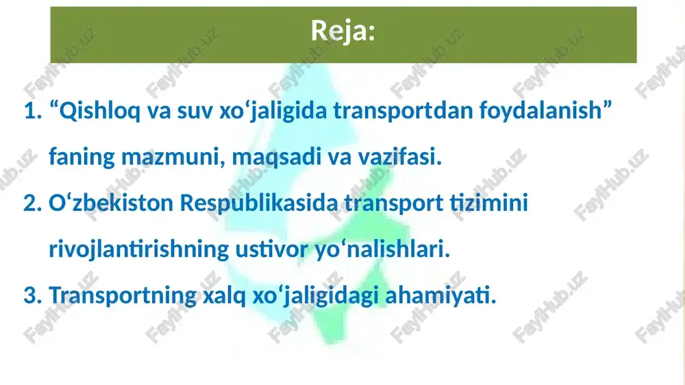 u yo‘nalish xitoy – markaziy osiyo – evropa temir yo‘lining muhim bo‘g‘ini sifatida xitoydan markaziy osiyo va janubiy osiyo mamlakatlariga eng qisqa yo‘l orqali chiqishni ta’minlaydi va o‘zbekiston iqtisodiyotini rivojlantirishga xizmat qiladi. 1992 yilda to‘xtatilgan aviaqatnovlar 2017 yil fevral oyida toshkent va dushanbe o‘rtasida qayta tiklandi. 6 2017 yilda amudaryo orqali o‘tadigan turkmanobod – forob yangi temir yo‘l va avtomobil ko‘priklari ochildi. bu yuk tashish hajmining 2,5 barobar oshirishga imkonini berdi. o‘zbekiston – qirg‘iziston – xitoy temir yo‘li qurilishi faollashgan. 2017 yilda o‘zbekiston va afg‘oniston o‘rtasida aviaqatnovlar yo‘lga qo‘yildi. 2018-2023 yillarda xitoy va g‘arbiy evropani bog‘laydigan "evroosiyo" transport yo‘lagini qurish va foydalanishga topshirish rejalashtirilgan. prezidentimiz 2017 yil may oyida pekinda bo‘lib o‘tgan "bir makon, bir yo‘l" xalqaro forumida tashabbus bilan chiqdi. "bir makon, bir yo‘l" tashabbusi, avvalo, savdo-iqtisodiy munosabatlarni rivojlantirishga, xitoyni jahon aholisining 60 % va yalpi ichki mahsulotining 30 % to‘g‘ri keladigan 65 dan ortiq mamlakat bilan bog‘laydigan yangi …