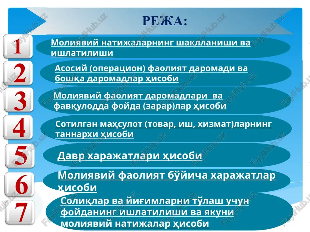 sub'ektlarning moliya-xo'jalik faoliyati buxgalteriya hisobi schyotlar rejasi» 6 qism, 9 bo'lim va 249 ta balans schyoti, 50 ta tranzit schyot va 16 balansdan tashqari schyotdan iborat bo'lib, hammasi bo'lib 315 ta schyotni tashkil qiladi. 6 korxonaning moliyaviy natijasini shakllanishi va ishlatilishi uchun 21-sonli bhmsning 5-qism 8-bo'limidagi 9000-9900 “daromad va xarajat” schyotlari ishlatiladi. daromad va xarajat schyotlari tranzit schyotlari bo'lib, yil davomida ishlatiladi. hisobot yakunida tegishli schyotlar hisobiga yopilib, qoldiq qolmaydi. 7 masalan: soddalashtirnlgan soliq tizimi d-t k-t yagona solik to'lovi yast 4 % yagona soliq to'lovi hisoblandi 9820 6418 hisoblangan yagona solik to'lovi byudjetga o'tkazildi 6418 5110 hisoblangan yagona soliq to'lovi hisobdan chiqarildi 9910 9820 qo'shilgan qiymat solig'i d-t k-t tayyor maxsulot xaridorga jo'natildi 4010 9010 jo'natilgan mahsulot uchun xaridordan pul tushdi 5110 4010 jo'natilgan mahsulot uchun kqs hisoblandi 9010 6412 hisoblangan qqs byudjetga o'tkazildi 6412 5110 jo'natilgan mahsulot bo'yicha natija aniqlandi. 9010 9910 moliyaviy natija aniqlandi. 9910 8710 8 …