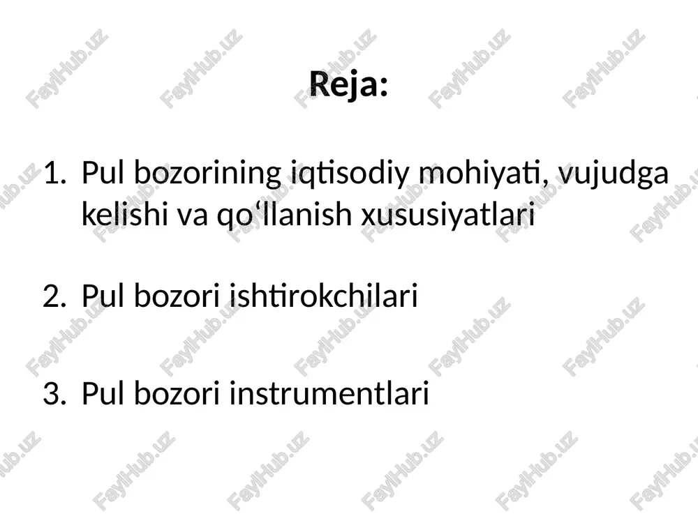 emissiya qiladi 2. tijorat banklari davlat qimmatli qogʻozlarini xarid qiladi; depozit sertifikatlarini sotadi; pul bozorida ishtirok etuv- chi investorlarga qisqa muddatli kreditlar beradi; 3. korxonalar oʻzining moliyaviy faoliyatini yaxshilash maq- sadida qisqa muddatli qimmatli qogʻozlarni emissiya qiladi yoki sotib oladi; 4. investitsiya kompaniyalari investitsion portfelni shakllantirib, uning risklilik darajasini pasaytirish maqsadida pul bozori instru- mentlarini sotib oladi; 5. moliyaviy kompaniyalar individual investorlarga kreditlar taqdim etadi; 6. sugʻurta kompaniyalar oʻz likvidliligini yoʻqotmaslik uchun pul bozoriga investitsiya kiritadi; 7. pensiya fondlari risklilik darajasi past boʻlganligi uchun pul bo- zori instrumentlariga oʻz mablagʻini investitsiya qiladi; 8. individual investorlar oʻz mablagʻlarini pul bozori investitsiya fondiga yoʻnaltiradi; 9. pul bozorining investitsiya fondlari kichik investorlarga oʻz mablagʻlarini yirik miq- dorda sotiladigan pul bozori instrumentlarini sotib olish uchun investitsiya qilish imkonini beradi pul bozori instrumentlariga quyidagilar kiradi: davlat qisqa muddatli qimmatli qogʻozlari; qayta sotib olinuvchi shartnomalar; depozit sertifikatlari; tijorat qogʻozi; bankir kafolati; yevrodollar. 1. davlat qisqa muddatli …
