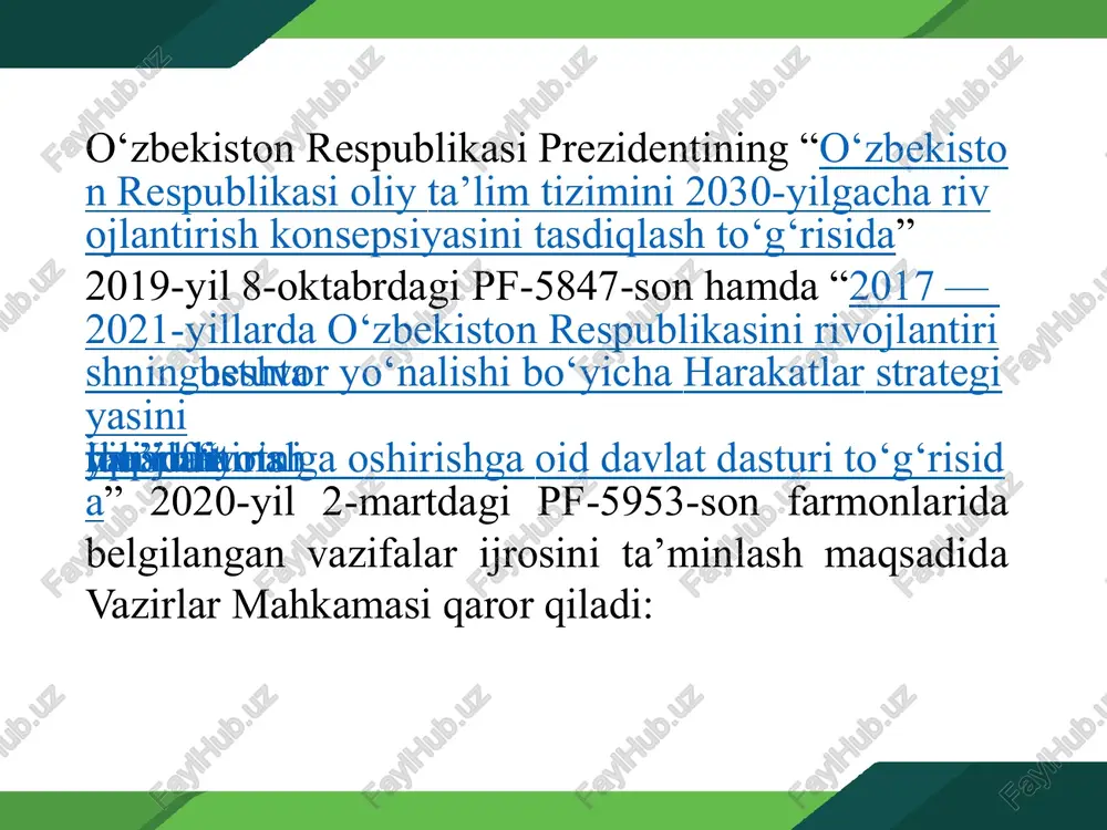 nida respublika hududidagi yoki chet eldagi boshqa bir oliy ta’lim muassasasiga o‘qish maqsadida borishi; mobillik dasturi — ikki yoki undan ortiq oliy ta’lim muassasasi o‘rtasida o‘zaro ta’lim to‘g‘risidagi kelishuv asosida tashkil etilgan akademik mobillik dasturi; kredit — ta’lim olish natijalariga ko‘ra talaba tomonidan muayyan fan bo‘yicha o‘zlashtirilgan o‘quv yuklamasining o‘lchov birligi. kreditlar qoidaga muvofiq butun, kasr sonlarda ifodalanishi mumkin asosiy tushunchalar kreditlarni berish — malaka yoki uning alohida qismlariga qo‘yilgan talablarga muvofiq erishilgan ta’lim olish natijalariga ko‘ra talaba yoki boshqa ta’lim oluvchilarga kreditlarni rasmiy taqdim etish jarayoni; kreditlarni ko‘chirish — talabalarning akademik mobilligini ta’minlash maqsadida bir oliy ta’lim muassasasi ta’lim dasturi bo‘yicha olingan kreditlarni boshqa oliy ta’lim muassasasiga ko‘chirish va tan olish; kredit to‘plash — ta’lim elementlarini o‘zlashtirish va boshqa yutuqlarga erishish natijasida taqdim etiladigan kredit birliklarini to‘plash; asosiy tushunchalar talabaning shaxsiy ta’lim trayektoriyasi — talaba tomonidan tanlangan hamda unga ketma-ketlikda bilimlar to‘plash va xohlagan kompetensiyalar yig‘indisiga ega bo‘lish imkoniyatini …