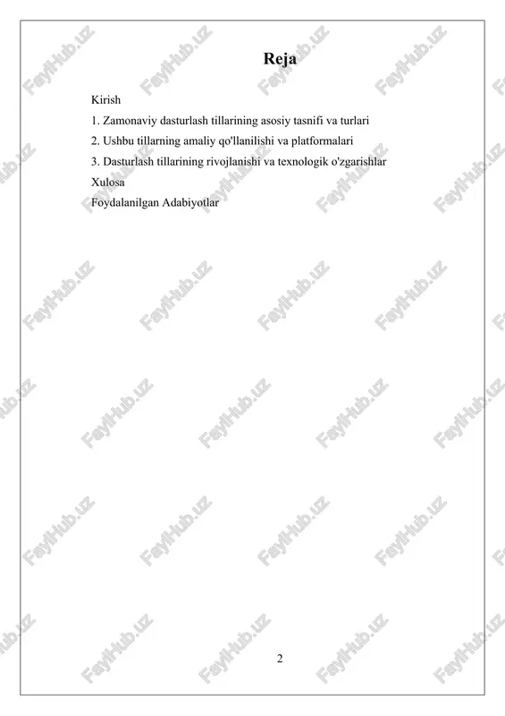 dasturlash tillarining tanlovi ko‘pincha loyiha talablari, platforma va dasturchining shaxsiy afzalliklariga bog‘liq holda amalga oshiriladi. ularning rivojlanishi davom etar ekan, yangi tillar va mavjud tillarning yangi versiyalari paydo bo‘lmoqda. bu esa, dasturchilarga yanada samarali va moslashuvchan yechimlar ishlab chiqish imkonini beradi. bundan tashqari, zamonaviy dasturlash tillarining rivojlanishi sun’iy intellekt va mashina o‘qitish texnologiyalari bilan integratsiya qilishni talab qilmoqda, bu esa yangi imkoniyatlar va muammolarni yuzaga keltirmoqda. shuning uchun, ularning tasnifi, xususiyatlari va amaliy qo‘llanilishi haqida chuqur bilishga ehtiyoj bor. ushbu tadqiqotda, zamonaviy dasturlash tillarining asosiy tasnifi, turlari, platformalari va ularning texnologik rivojlanishdagi o‘rnini o‘rganish maqsad qilinmoqda. dasturlash tillarining rivojlanish bosqichlari va ularning amaliy qo‘llanilishi haqida keng qamrovli tahlil olib boriladi. bu esa, nafaqat dasturlash sohasida yangi imkoniyatlar yaratishda, balki ilmiy va ishlab chiqarish jarayonlarini samarali qilishda muhim ahamiyatga ega. shuningdek, bu tadqiqot, dasturlash tillarining kelajakdagi rivojlanish yo‘nalishlari va zamonaviy texnologiyalar bilan bog‘liqligini ham yoritishga xizmat qiladi. i. zamonaviy dasturlash tillarining …