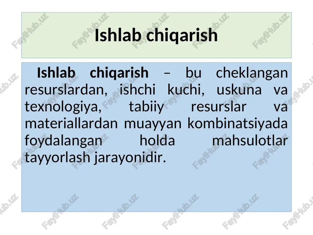 gan ishlab chiqarish omillari sarflari kombinatsiyalarini ifodalovchi egri chiziqdir. q k1 k2 k3 k4 l1 l2 l3 l4 q birlik mahsulot ishlab chiqarish izokvantasi k l izokvantalar xaritasi izokvantalar xaritasi - bu izokvantalar majmuasidan iborat bolib, ulaming har biri ma'lum ishlab chiqarish omillari sarflari kombinatsiyalariga to'g'ri keladigan maksimal ishlab chiqarish hajmini o'zida akslantiradi. c a b l k q1 q2 q3 turli miqdordagi mahsulotlar ishlab chiqarish izokvantalari (izokvantalar xaritasi) * kapital sarfi mehnat sarfi 1 2 3 4 5 1 30 50 60 70 80 2 40 65 80 85 100 3 60 80 100 110 115 4 65 85 110 115 120 5 80 100 120 125 130 q=60 1 2 3 4 5 k l q=80 q=110 5 4 3 2 1 o'rtacha mahsulot ma’lum vaqt oralig'ida jami ishlab chiqarilgan mahsulotni umumiy mahsulot desak, o'rtacha mahsulot - umumiy mahsulotni ushbu mahsulotni ishlab chiqarish uchun sarflangan o'zgaruvchan ishlab chiqarish …