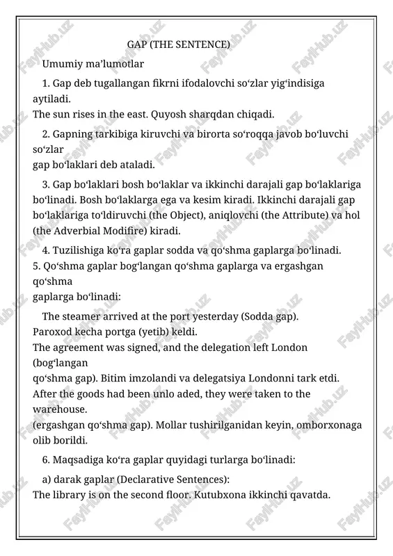 r — aniqlovchi, to‘ldiruvchi va hol bo‘ladi. ikkinchi darajali bo‘laklar bosh bo‘laklarni izohlab keladi: the blue car stopped at the gate. ko‘k mashina darvoza oldida to‘xtadi. bu gapda ikkinchi darajali bo‘lak — blue so‘zi (aniqlovchi) ega — the car so‘zini izohlab kelyapti, ikkinchi darajali bo‘lak — at the gate (o‘rin holi) kesim stoppedni izohlaydi. the manager of the office has received a telegram. ofis menejeri telegramma oldi. bu gapda ikkinchi darajali bo‘lak — of the office (aniqlovchi) gapning egasi — the manager so‘zini izohlaydi, ikkinchi darajali bo‘lak a telegram (to‘ldiruvchi) kesim — has received so‘zini izohlaydi. 4. ega va unga qarashli bo‘lgan ikkinchi darajali bo‘laklar ega (yoyiq ega) guruhini tashkil qiladi. kesim va unga qarashli bo‘lgan ikkinchi darajali bo‘laklar kesim (yoyiq kesim) guruhini tashkil qiladi: ega guruhi (subject group) kesim guruhi (predicate group) the blue car stopped at the gate the manager of our office has received a telegram 5. …