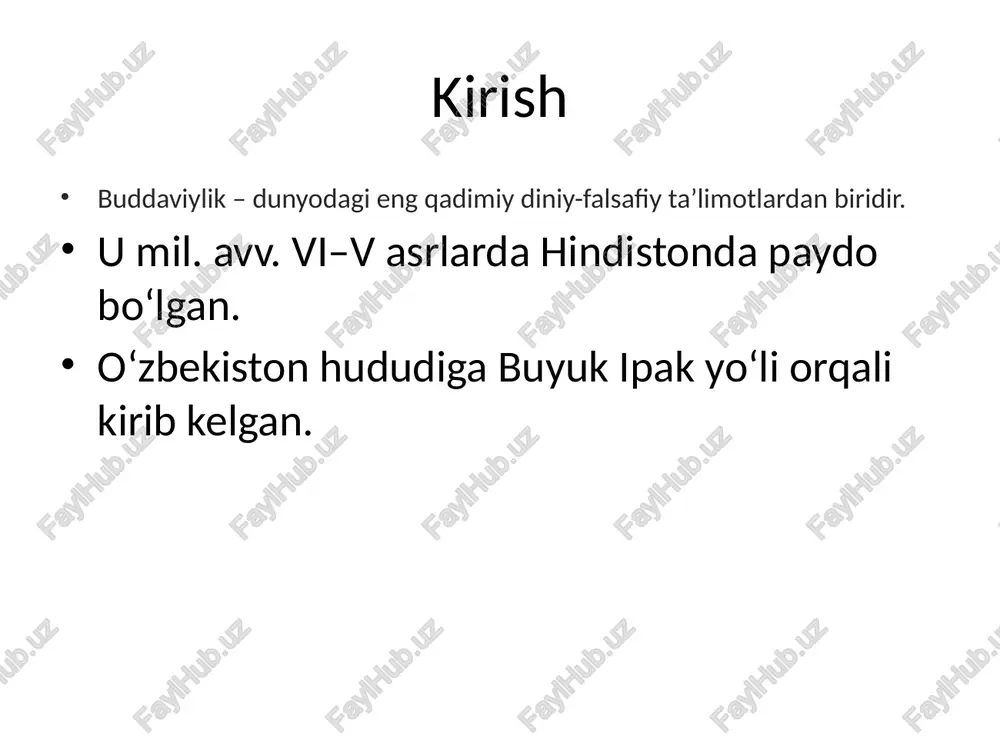 iylikning susayish davri vii–viii asrlarda islom dini tarqala boshladi. buddaviylik asta-sekin o‘z ta’sirini yo‘qota bordi. ammo uning madaniy izlari uzoq vaqt saqlanib qoldi. hozirgi davrdagi meros oʻzbekistonda buddaviylik amalda mavjud emas, ammo uning yodgorliklari saqlanib qolgan. termizdagi buddaviylik markazi va muzey faoliyat yuritmoqda. yodgorliklar davlat himoyasida. turizm va xalqaro e’tirof fayoztepa, kampirtepa, qoratepa – unesco e’tirofidagi meros ob’ektlari. turizmda buddaviylik markazlari alohida yo‘nalish sifatida ilgari surilmoqda. bugungi o‘rni va ahamiyati buddaviylik madaniy meros sifatida qadrlanadi. dinlararo totuvlik va bag‘rikenglik ramzi hisoblanadi. ilmiy va madaniy tadqiqotlarda muhim mavzu bo‘lib qolmoqda. xulosa buddaviylik oʻzbekiston tarixida chuqur iz qoldirgan. u san’at, falsafa va ma’naviyat rivojiga hissa qo‘shgan. bugungi kunda bu meros xalqaro miqyosda qadrlanadi. /docprops/thumbnail.jpeg