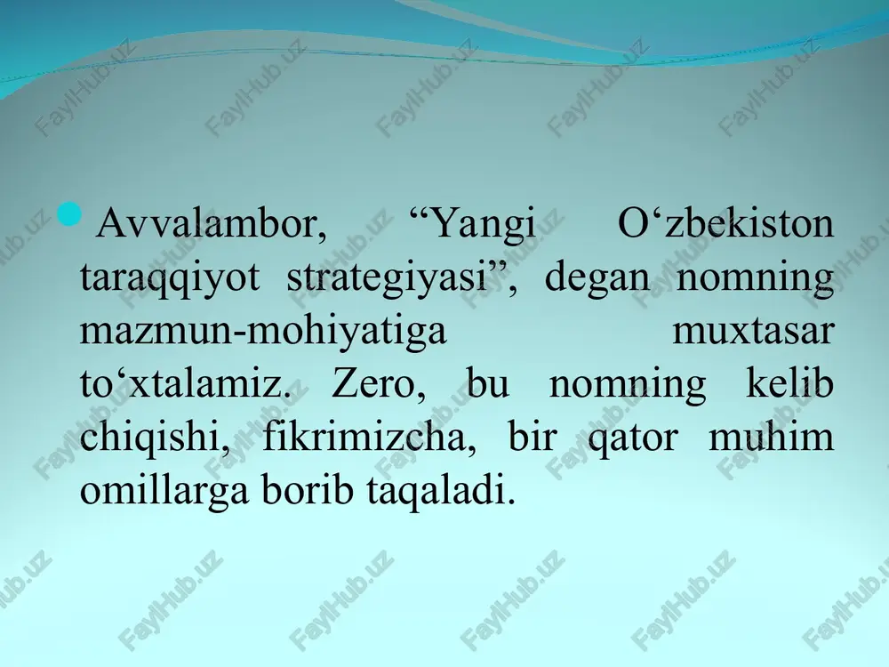 qi siyosat olib borish. ikkinchi omil: yangi o‘zbekiston taraqqiyot strategiyasida “harakatlar strategiyasidan – taraqqiyot strategiyasi sari” tamoyili ilgari surilayotgani bejiz emas. chunki, avvalo, harakatlar strategiyasidagi har bir yo‘nalishni taraqqiyotning yangi bosqichida mantiqiy va izchil asosda rivojlantirish hamda yangi ustuvor yo‘nalishlarda muhim natijalarga erishish ko‘zda tutilmoqda. inson qadri – bosh tamoyil taraqqiyot strategiyasida asosiy e’tibor, bir tomondan, fuqarolik jamiyatini rivojlantirishga doir qonunlar, kodekslar, konsepsiya va dasturlar qabul qilinishiga qaratilgan. ikkinchi tomondan, unda qonun ustuvorligini taminlash, konstitutsiyaviy islohotni hayotga izchil tatbiq etish, milliy iqtisodiyotni rivojlantirish, kuchli ijtimoiy siyosatni amalga oshirish, manaviyatni rivojlantirish, shuningdek, global muammolarga o‘zbekistonning munosabati, xavfsizlik va tashqi siyosat borasidagi muhim vazifalar qamrab olingan. eng asosiysi, yangi o‘zbekiston taraqqiyot strategiyasidagi 7 ustuvor yo‘nalishning bosh g‘oyasi – inson qadrini ta’minlashdir. chunki, prezidentimizning saylovoldi dasturidagi asosiy g‘oya ham “inson qadri uchun” tamoyili edi. uchinchi omil: inson qadrini joyiga qo‘yishni qonuniy va tashkiliy-huquqiy yo‘llar bilan hayotimizning barcha sohalarida milliy, mintaqaviy va xalqaro hamkorlik …