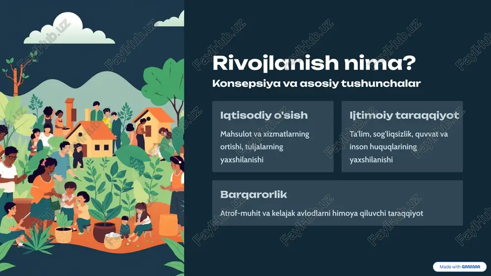 lar xavflar iqtisodiy tengsizlik kattayilishi shaxsiy ma'lumotlarning xavfsizligi atrof-muhitga salbiy ta'sir 7 madaniy va ma'naviy rivojlanish madaniy va ma'naviy qiymatlar rivojlanishning asliy asosi hisoblanadi. bu odamning ichki eng va jamiyatning madaniy boy-barokatini orttiradilar. madaniy o'rkachilik milliy xalq san'ati, adabiyot va tarixini muhofaza qilish ma'naviy o'sish ichki tinchliq, ma'no-mazmun va inson qiymatlarini tushunish jamiyat ijodiyoti san'at, musiqa va teatrning rivojlanishi jamiyatni birlashtiradi 8 global muammolar va echimlar dunyoviy rivojlanish xavflar va imkoniyatlar iqlim o'zgarishi energiya samaradorligi va qayta tiklanadigan manbalar qashshoqlik va tengsizlik har tomonlama rivojlanish va inson huquqlari pandemic va sog'liqsizlik universal sog'liqsizlik va kasallik oldini olish raqamli farq texnologiyaga teng kirish va raqamli savodo 9 barqaror va inklyuziv rivojlanish xulosa: kelajakka yo'l haqiqiy rivojlanish — bu iqtisodiy o'sish, ijtimoiy adal va atrof-muhit muhofazasining birgalikda yuzaga kelishidir. kelajak avlodlari uchun barqaror va teng dunyoni yaratish — bu bugunning mas'uliyati. 📊 iqtisodiy teng va barqaror o'sish 👥 ijtimoiy adolat va tenglik …