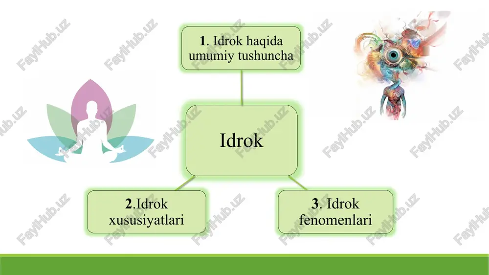 turadi. bular shunday ko‘p xossalarga egaki, hatto odam bir vaqtning o‘zida ularga javob reaksiyasi qaytara olmaydi. odam ko‘p sonli qo‘zg‘ovchilardan faqat ayrimlarini aniq holda ajratib oladi. shu ajratib olingan narsa hodisalar esa fon sanaladi. idrok qilinadigan narsani o‘rab turgan boshqa narsa, jism yoki hodisalarga nisbatan ob’ekt hisoblanib, ob’ektning atrofdagilari esa fon deyiladi. ob’ekt fon idrok xususiyatlari: idrokning predmetliligi idrokning yaxlitligi idroknnig doimiyligi, konstantligi harakatni idrok qilinishi idrokning predmetliligi - ob’ektivlashtirish hodisasi deb atalgan hodisada, ya’ni tashqi olamdan olinadigan axborotlarning o‘sha narsaga mansubligida ifoda qilinadi. predmetlilik idrokning belgisi sifatida xatti-harakatni boshqarishda alohida rol o‘ynaydi. biz narsalarga ularning ko‘rinishiga qarab emas, balki ularni amaliyotda qay tarzda ishlatishimizga muvofiq holda, yoki ularning asosiy xususiyatlariga qarab ham baholaymiz. idrokning yana bir xususiyati uning yaxlitligidir. sezgi a’zolariga ta’sir qiladigan narsaning ayrim xususiyatlarini aks ettiradigan sezgilardan farqli o‘laroq, idrok narsaning yaxlit obrazi hisoblanadi. yaxlit obraz narsaning ayrim xususiyatlari va belgilari haqida turli xil sezgilar tarzida olinadigan …