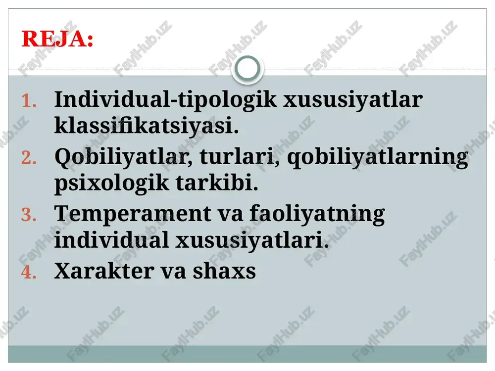 i nimaga nisbatan namoyon bo’lishini, qanday individual psixologik xususiyatlar faoliyat jarayoni muvaffaqiyatining zaruriy sharti ekanligi bilan xarakterlanadi. masalan: o’qituvchi tashabbuskorlik, talabchanlik, mehribonlikni his qilish, kuzatuvchanlik, kashfiyotchilik, javobgarlik kabi shaxsiy sifatlarga ega bo’lishi kerak. qobiliyatlarning miqdor harakteristikasi - shaxsning bilim, ko’nikma va malakalarini qanchalik tez, yengil va mustahkam egallashi bilan xarakterlanadi. temperament temperament, psixologik jihatdan olganda, kishidagi hissiyotning qo’zg’alishlarida va kishidagi umumiy harakatchanlikda ko’rinadigan individual xususiyatdir. barcha temperamentlarni qadimdan to’rt tipga: 1) xolerik, 2) sangvinik, 3) melanxolik va 4) flegmatik temperamentga ajratish rasm bo’lgan. xolerik temperament hissiyotning tez va kuchli qo’zg’aluvchanligi, barqaror bo’lishi bilan farq qiladi. xolerik temperamentli kishilarning hissiyotlari ularning imo-ishoralarida, mimikalarida, harakatlari va nutqlarida yaqqol ko’rinib turadi. xoleriklar qizg’inlik va tajanglikka moyil bo’ladilar. bunday temperamentli kishilar chaqqon, umuman harakatchan, serg’ayrat va har doim urinuvchan bo’ladilar. bu hil temperamentli bolalar serg’ayrat bo’ladilar. ular bir ishga tez kirishadigan va boshlagan ishini oxiriga yetkazadigan bo’ladilar. ular ko’pchilik bilan jamoa o’yinlar o’tkazishni sevadilar …