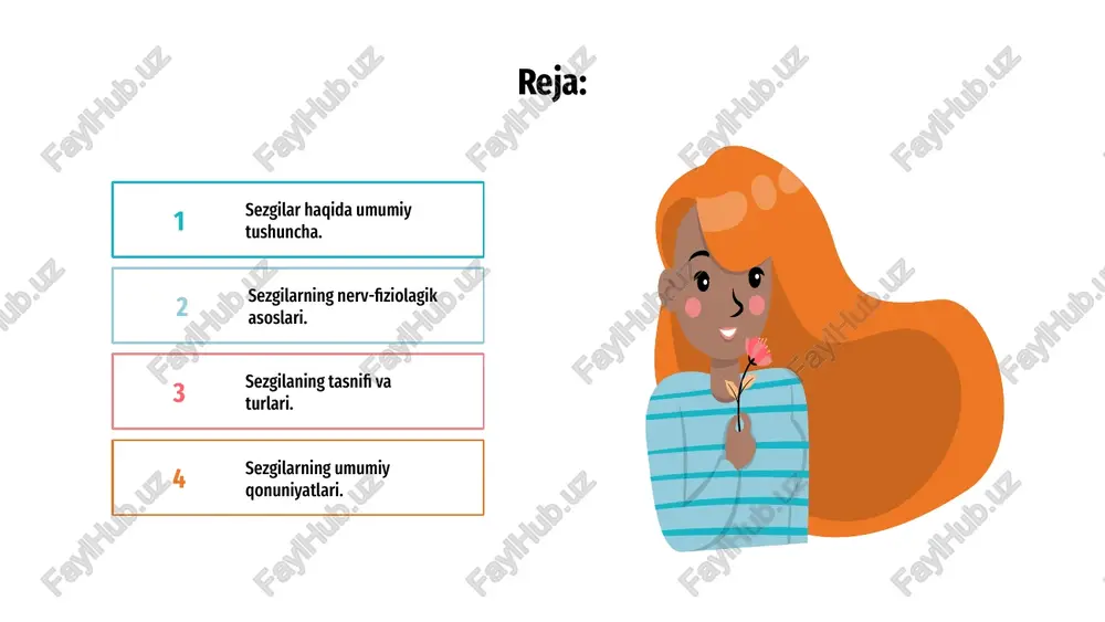 bois sezgilar materiyaning sezgi a'zolarimizga ta'siri natijasidir. sezgi axborotlarni qabul qilib, tanlab, to'plab, qayta ishlab miyaga yetkazib beradi. sezgi bilish jarayonlari ichida oddiy psixologik jarayon bo’lib, tashqi barcha narsa va hodisalarni aks ettiradi. tashqi olamdan kelayotgan qo’zg’atuvchilarning muayyan reseptorlarga bevosita ta’sir etish orqali ayrim belgi xususiyatlari va organizm ichki holatini aks ettiradi. ma’lumki, insondan sezishning dastlabki bosqichi hissiy bilishdan boshlanib, keyinchalik u mantiqiy bilishga o’tadi. sezgi ham oddiy psixologik jarayon bo’lgani bilan uning yuzaga kelishi o’z-o’zidan hosil bo’lmaydi. ular jumlasiga quyidagilar kiradi: sezuvchi apparat ya'ni analizatorning mavjud bo'lishi. masalan, havoning sovuqligini, temirning qattiqligini, qorning yumshoqligini va boshqalarni sezamiz. sezgi a'zolariga ta'sir o'tkazadigan narsa va hodisaning bo'lishi. ma’lumki, sezgilar faqatgina tashqi ta’sirlar natijasida hosil bo‘lmay, balki organizmning ichki holatida ham amalga oshiriladi. sezgi nerv tizimining u yoki bu qo‘zg‘atuvchidan ta’sirlanuvchi reaksiyalari tarzida hosil bo‘ladi va har qanday psixik hodisa kabi reflektorlik xususiyatiga egadir. sezgilarning nerv – fiziologik asosini qo‘zg‘atuvchining o‘ziga aynan …