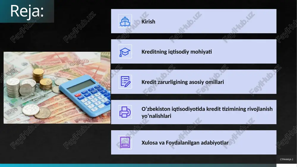 isodiy muvozanatning asosiy elementlariga asoslanadi. masalan, iqtisodiy o’sishning barqarorligi yalpi ichki mahsulot (yim)ning doimiy o’sishini nazarda tutadi, bu esa investitsiyalar va innovatsiyalarga bog’liq. stranitsa 4 perviy navik vtoroy navik tretiy navik zaklyuchenie 4 barqaror iqtisodiyotni shakllantiruvchi asosiy omillar barqaror iqtisodiyotni shakllantirishda bir qancha asosiy omillar muhim rol o’ynaydi. birinchisi, inson kapitali – ta’lim va malaka. ikkinchisi, texnologik innovatsiyalar. uchinchisi, institutsional muhit. to’rtinchisi, tabiiy resurslar va ekologiya. beshinchisi, moliyaviy tizimning barqarorligi.inson kapitali barqarorlikning asosiy omili hisoblanadi. malakali ishchi kuchi innovatsiyalarni yaratadi va samaradorlikni oshiradi. masalan, janubiy koreya 1960yillarda qashshoq mamlakat bo’lib, ta’lim investitsiyalari orqali "osiyo yo’lbarsi"ga aylandi. yim o’sishi yillik 810% ga yetdi. bu omilning chuqur tahlili shuni ko’rsatadiki, ta’lim nafaqat texnik ko’nikmalar, balki ijodkorlik va moslashuvchanlikni ham rivojlantiradi.texnologik innovatsiyalar barqaror o’sishning dvigateli stranitsa 5 stranitsa 6 barqaror iqtisodiyotni shakllantiruvchi asosiy omillar o’zbekiston iqtisodiyotida kredit tizimining rivojlanish yo’nalishlari soliq, budjet va kredit institutlarining faoliyati iqtisodiyot barqarorligini ta’minlovchi asosiy institutlar bozor mexanizmi …