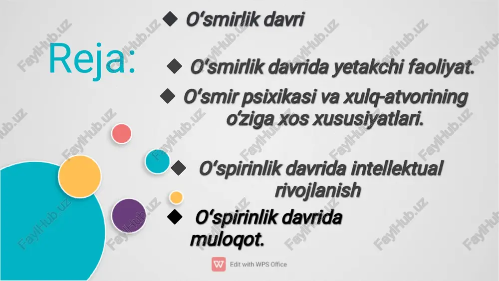 bo‘lishi mumkin. bola� ning rivojlanayotgan ixtiyoriy diqqati o‘qituvchi tomonidan doi� mo qo‘llab-quvvatlanishi juda zarurdir oʻsmirlik davrida psixologik yangilik� • o‘smirlik yoshida psixologik jihatdan eng muhim xislat — voyaga yetish yoki kattalik hissining paydo bolishi alohida ahami�yatga ega. kattalik hissi ijtimoiy-axloqiy sohada, aqliy faoliyatda, qiziqishda, munosabatda, xulq-atvorning tashqi shakllarida o‘z ifodasini topadi. o‘smirlik yoshiga xos bolgan psixologik xususi �yatlarni o‘rgana turib, o‘smirlar shaxsining shakllanib, rivojlanib, kamolotga erishish yollarini va unga ta’sir etadigan biologik va ijtimoiy omillarning bevosita ta’sirini tushunish mumkin. jinsiy yetilish o‘smirning bu yoshdagi xulq-atvoriga asosiy biologik vo� sita sifatida ta’sir o‘tkazadi. lekin bu bevosita ta’sirdir. g.a.bogdalova tadqiqot natijalariga asoslanib, emotsional barqarorlikni quyidagi jarayon�larning natijasi sifatida ko‘rsatadi xulq-atvorda barcha emotsiyalarning e’tiborsiz namoyon etilishi; emotsiyalarning osonlik bilan, silliqqina bir holatdan ik�kinchi holatga ko'chirilishi; kishining o‘z xulq-atvoriga mustaqil baho berishi oʻsmirlik davri psixologiyasi 0 ‘smirning yangi huquqlarga da’vosi, avvalo, kattalar bilan o‘zaro munosabatlarning butun muhitiga oid boladi. 0 ‘smir av� val bajonidil …