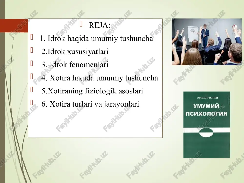 narsa va hodisalar ta’sir qilib turadi. bular shunday ko‘p xossalarga egaki, hatto odam bir vaqtning o‘zida ularga javob reaksiyasi qaytara olmaydi. odam ko‘p sonli qo‘zg‘ovchilardan faqat ayrimlarini aniq holda ajratib oladi. shu ajratib olingan narsa hodisalar esa fon sanaladi. idrok qilinadigan narsani o‘rab turgan boshqa narsa, jism yoki hodisalarga nisbatan ob’ekt hisoblanib, ob’ektning atrofdagilari esa fon deyiladi. idrok xususiyatlari: idrokning predmetliligi - ob’ektivlashtirish hodisasi deb atalgan hodisada, ya’ni tashqi olamdan olinadigan axborotlarning o‘sha narsaga mansubligida ifoda qilinadi. predmetlilik idrokning belgisi sifatida xatti-harakatni boshqarishda alohida rol uynaydi. biz narsalarga ularning ko‘rinishiga qarab emas, balki ularni amaliyotda qay tarzda ishlatishimizga muvofiq holda, yoki ularning asosiy xususiyatlariga qarab ham baholaymiz. idrokning yana bir xususiyati uning yaxlitligidir. sezgi a’zolariga ta’sir qiladigan narsaning ayrim xususiyatlarini aks ettiradigan sezgilardan farqli o‘laroq, idrok narsaning yaxlit obrazi hisoblanadi. yaxlit obraz narsaning ayrim xususiyatlari va belgilari haqida turli xil sezgilar tarzida olinadigan bilimlarni umumlashtirish negizida tarkib topadi. idrokning yaxlitligi …