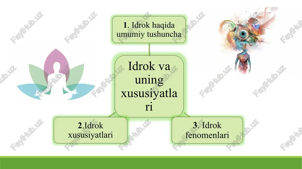 ko‘p narsa va hodisalar ta’sir qilib turadi. bular shunday ko‘p xossalarga egaki, hatto odam bir vaqtning o‘zida ularga javob reaksiyasi qaytara olmaydi. odam ko‘p sonli qo‘zg‘ovchilardan faqat ayrimlarini aniq holda ajratib oladi. shu ajratib olingan narsa hodisalar esa fon sanaladi. idrok qilinadigan narsani o‘rab turgan boshqa narsa, jism yoki hodisalarga nisbatan ob’ekt hisoblanib, ob’ektning atrofdagilari esa fon deyiladi. ob’ekt fon idrok xususiyatlari: idrokning predmetliligi idrokning yaxlitligi idroknnig doimiyligi, konstantligi harakatni idrok qilinishi idrokning predmetliligi - ob’ektivlashtirish hodisasi deb atalgan hodisada, ya’ni tashqi olamdan olinadigan axborotlarning o‘sha narsaga mansubligida ifoda qilinadi. predmetlilik idrokning belgisi sifatida xatti-harakatni boshqarishda alohida rol o‘ynaydi. biz narsalarga ularning ko‘rinishiga qarab emas, balki ularni amaliyotda qay tarzda ishlatishimizga muvofiq holda, yoki ularning asosiy xususiyatlariga qarab ham baholaymiz. idrokning yana bir xususiyati uning yaxlitligidir. sezgi a’zolariga ta’sir qiladigan narsaning ayrim xususiyatlarini aks ettiradigan sezgilardan farqli o‘laroq, idrok narsaning yaxlit obrazi hisoblanadi. yaxlit obraz narsaning ayrim xususiyatlari va belgilari …