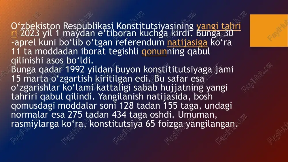 , ijtimoiy va dunyoviy davlat dunyoviy davlatda davlat va din bir-biridan ajratilgan bo‘ladi. davlat diniy e’tiqodidan qat’i nazar barchaga bir xil munosabatda bo‘ladi, dinga oid masalalarda neytral pozitsiyani egallaydi. yangi konstitutsiyaning 154-moddasi bilan, 1-moddadagi qoidalarni qayta ko‘rib chiqish mumkin emas, deb belgilandi. xuddi shuningdek, 154-moddaning o‘zidagi aynan shu qoidadan iborat band ham qayta ko‘rib chiqilishi mumkin emas. boshqacha aytganda, bu norma – o‘zbekiston hech qachon demokratiyadan voz kechmasligi, huquqiy davlatchilikka sodiqligi, monarxiyaga yoki islomiy respublikaga aylanmasligini nazarda tutadi. 2. konstitutsiya to‘g‘ridan to‘g‘ri amal qiladi 15-moddaga quyidagicha qo‘shimcha qo‘shildi: o‘zbekiston respublikasi konstitutsiyasi mamlakatning butun hududida oliy yuridik kuchga ega, to‘g‘ridan to‘g‘ri amal qiladi va yagona huquqiy makonning asosini tashkil etadi. konstitutsiyaning to‘g‘ridan to‘g‘ri amal qilishi fuqarolarga nafaqat qonunlar, balki bevosita konstitutsiyadagi normalarga ham asoslangan holda ish olib borishga, xususan sudga murojaat qilishga imkon beradi. referendumda qabul qilingan qonunga binoan, oliy sud 3 oy ichida tegishli plenum qarorini qabul qilishi kerak. bu …