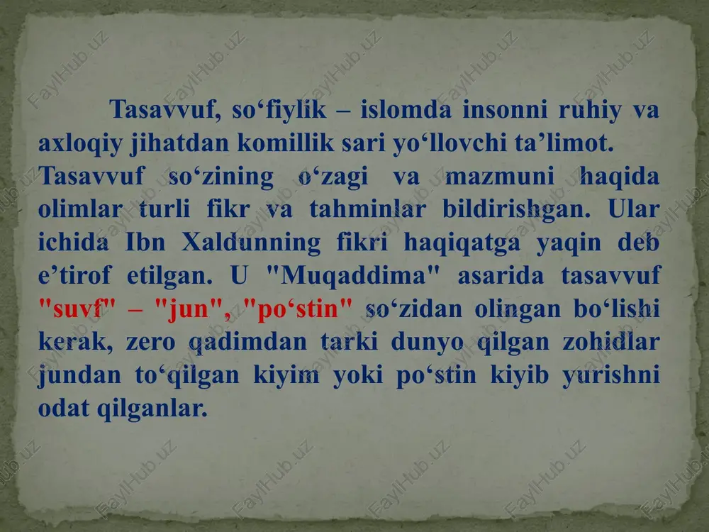 . misrlik olim ibrohim basyuniy "islomda tasavvufning paydo bo‘lishi" kitobida hijriy iii va iv asrlarda yashab o‘tgan olimlarning tasavvuf haqidagi 40 ta ta’rifini keltiradi. mustaqillik yillaridan beri o‘zbekistonda tasavvuf tariqatlarini o‘rganish, unga doir asarlarni tarjima qilish, atoqli mashoyixlarning maqbaralarini qayta qurish va ta’mirlashga ahamiyat berilmoqda. shuningdek, tasavvuf tariqatlariga mansub pir-u komillar: hakim termiziy, najmiddin kubro, abduxoliq g`ijduvoniy, xoja ahmad yassaviy, bahouddin naqshband, xoja axror valiy, shayx zayniddin, zangi ota, shayx xovandi tohur kabi valiylarning hayot va ijodlarini chuqur o‘rganish, qoldirgan asarlaridan xalqni bahramand etish borasida muayyan ishlar qilinmoqda. asta-sekin ruhiy tarbiya ustozlari yetishib chiqa boshladi. ularning atrofida shogirdlari va o‘z jamoalari ham paydo bo‘la boshladi. bora-bora ular boshqalardan ajralib turadigan o‘z belgilariga ham ega bo‘ldilar. keyinchalik bir ustozning ruhiy tarbiyasini olib, o‘sha tarbiyani hayotiga tatbiq qilib yurgan jamoa a’zolarining tutgan yo‘lini “tariqat” deb nomlash odat tusiga kirdi. zotan, “tariqat” arabcha “toriyq” – “yo‘l” so‘zidan olingan bo‘lib, ham moddiy, ham ma’naviy …