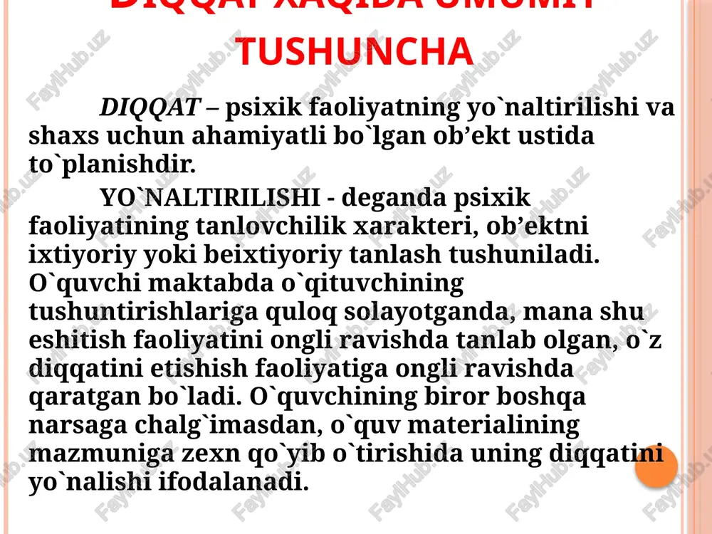 di. sezgi a’zolari tashqi olamning kishi ongiga kirib keladigan yagona yo’llaridir. sezgi a’zolari kishiga tevarak-atrofdagi olamda mo’ljal olish imkonini beradi. sezgining tuzilishi sezgi nerv sistemasining u yoki bu qo`zg`otuvchidan ta’sirlanuvchi reaksiyalari tarzida xosil bo`ladi va xar qanday psixik xodisa kabi reflektor xususiyatiga ega. qo`zgatuvchining o`ziga aynan o`xshaydigan analizatorga ta’siri natijasida xosil bo`ladigan nerv jarayoni sezgining fiziollogik asosi bo`lib xisoblanadi. sezgi a`zolariga quyidagilar kiradi, 1. ko`z 2. quloq 3. burun 4. og`iz bo`shlig`i 5. teri muskul tuyg`usi. analizator 3 qismdan tarkib topadi: 1. tashki kuvvatni nerv jarayoniga o`tkazadigan maxsus transformator xisoblangan periferik bo`lim (reseptor), 2. analizatorning periferik bo`limini markaziy analizator bilan bog`laydigan yo`llarni ochadigan afferent (markazga intiluvchi) va efferent (markazdan qochuvchi) nervlar, 3. analizatorning periferik bo`limlaridan keladigan nerv signallarining qayta ishlanishi sodir bo`ladigan qobiq osti va qobiq (miyaning o`zi bilan tugaydigan) bo`limlari. sezgining turlari eksterioreseptiv sezgilar. interioreseptiv sezgilar. prorioreseptiv sezgilar. eksterioreseptiv sezgilar bularga tashqi muxitdagi narsalar va xodisalarning xususiyatlarini aks ettiradigan …