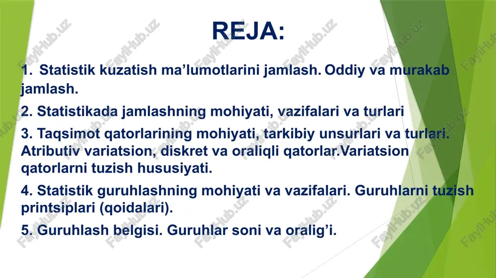 h-tashkil etilishiga qarab markazlashgan va markazlashmagan jamlashlarga bo‘linadi. markazlashgan jamlashda kuzatishdan olingan barcha ma’lumotlar bir joyda to‘planadi, hamda qo‘yilgan maqsad va vazifaga qarab guruhlanadi va qayta ishlanadi. markazlashmagan jamlashda boshlang‘ich kuzatish ma’lumotlari dastlab joylarda (tuman, viloyat) statistika organlarida qayta ishlanadi, keyinchalik markazga - davlat statistika organlariga yuboriladi statistik guruhlash deb xodisa va jarayonlarni har tamonlama, chuqur o‘rganish uchun kuzatish to‘plami ma’lumotlarini muxim belgilariga qarab guruhlarga ajratishdir. masalan korxonalarni mulkchilik asosiga ko‘ra davlat, jamoa, aksiyadorlik, qo‘shma, xususiy; korxonalar guruhlarga kattaligiga qarab (kichik, o‘rta va yirik); samaradorlik darajasiga qarab (yaxshi, o‘rta va qoloq) guruhlarga ajratish mumkin. ma’lumotlarni guruhlashda eng avvalo guruhlash belgisi va oralig‘i aniqlab olinadi. guruhlash belgisi deyilganda guruhlash uchun asos qilib olingan belgi tushiniladi. guruhlash uchun asos qilib kuzatish oldiga maqsad va vazifa qilib qo‘yilgan xodisa va jarayonlarning mohiyatini to‘liq ifodalab beruvchi, zamonaviy ijtimoiy-iqtisodiy ko‘rsatkichlar mazmunini yoritib bera oladigan belgilar olinadi. guruhlash belgilari ifodalanishiga qarab, miqdoriy va sifat (atributiv) belgilar …
