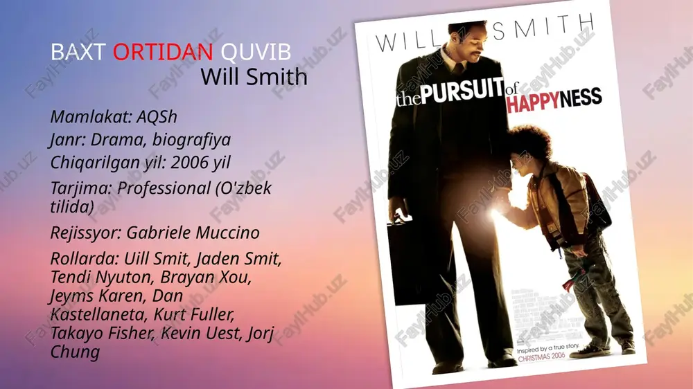 out11.xml.rels [content_types].xml obrazets zagolovka obrazets teksta vtoroy uroven tretiy uroven chetvertiy uroven pyatiy uroven 1/12/2024 ‹#› men yoqtirgan film qadamboyeva lobar style.visibility style.visibility baxt ortidan quvib will smith mamlakat : aqsh janr : drama, biografiya chiqarilgan yil : 2006 yil tarjima : professional ( o'zbek tilida ) rejissyor : gabriele muccino rollarda : uill smit, jaden smit, tendi nyuton , brayan xou , jeyms karen, dan kastellaneta , kurt fuller, takayo fisher, kevin uest , jorj chung style.visibility ppt_w ppt_h style.visibility style.visibility ppt_x ppt_y style.visibility ppt_x ppt_y style.visibility ppt_x ppt_y style.visibility ppt_x ppt_y filmdan lavhalar style.visibility style.visibility ppt_w ppt_h style.rotation style.visibility ppt_w ppt_h style.rotation style.visibility ppt_w ppt_h style.rotation will smith ( oʻzbekcha : uill smit ) — amerikalik aktyor va prodyuser .uning yutuqlari 1990-yillarda „the fresh prince of bel-air“ sitkomida o‘z xayoliy prototipini gavdalantirishi bilan boshlandi . bu rol unga xalqaro eʼtirof hamda „ komedik va musiqali television seriallarning eng …