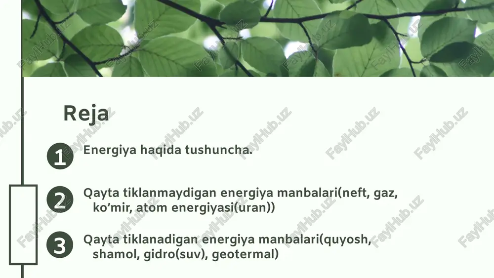 (neft, gaz, ko’mir, atom energiyasi(uran)) yerning ostida katta energiya zaxiralarini o'z ichiga olgan ko'plab turli xil tabiiy birikmalar mavjud. ularning eng muhimlari neft, ko'mir, tabiiy gaz, torf va urandir. 04.26.24 qayta tiklanmaydigan energiya manbalarining kamchiliklar: birinchi kamchilik: ularda saqlanadigan energiya miqdorining qaytarilmas pasayishi. ikkinchi kamchilik: atrof-muhitning ifloslanishi. 04.26.24 ko’mir tabiiy ko'mir botqoq o'simliklarining parchalanishi mahsulotidir (ularning yoshi 300 million yilgacha). o'simliklar nobud bo'lib, botqoqqa cho'kadi va qum qatlamlari ostida ko'miladi. bunday konlarning qalin qatlamlari asta-sekin shakllangan. bu konlar bosim, harorat va mikroorganizmlar ta'sirida dastlab torfga, keyin esa ko'mirga aylangan. 04.26.24 neft neft juda cheklangan energiya manbai hisoblanadi. neft zaxiralari qancha davom etishini aytish qiyin. agar yangi konlar topilmasa, ular 20 yil ichida tugashi mumkin. har holda, biz zudlik bilan neft o'rnini topishimiz kerak. atrof-muhit uchun xavfsiz va uzoq vaqt xizmat qiladigan boshqa energiya manbalarini topish lozim. 04.26.24 tabiiy gaz tabiiy gaz elektr stansiyalarida yoqilg'i sifatida, maishiy yoqilg'i sifatida, sanoatda xom …