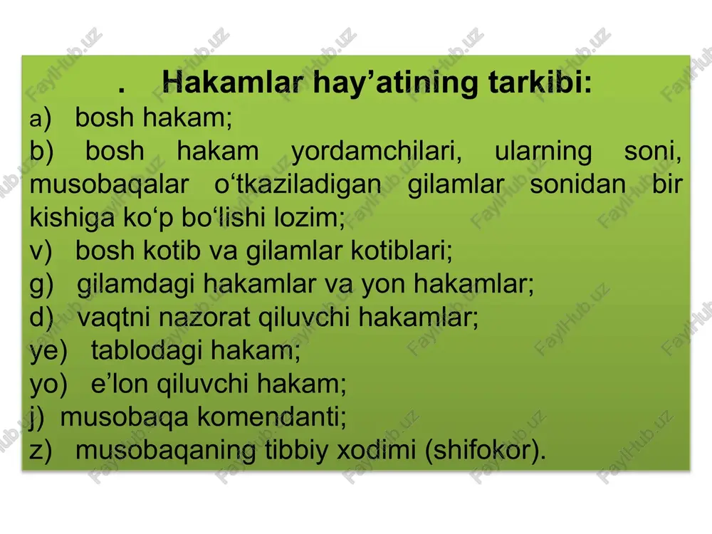 etlashishi mumkin; d) musobaqada ishtirok etishga ruxsati bo‘lmagan yoki kurash qoidalarini buzgan kurashchilarni ham musobaqadan chetlatishi mumkin; ye) qo‘pollik qilgani yoki kurash qoidalarini buzganliklari uchun har qanday guruh vakillari va murabbiylarini ogohlantirishi yoki musobaqadan chetlatishi mumkin; eslatma: bosh hakam kurash qoidasini bekor qilishi yoki o‘zgartirishlar kiritishi mumkin emas. bosh hakam o‘rinbosari. a) bosh hakam musobaqada vaqtincha bo‘lmagan paytda uning ruhsati bilan bergan vakolatiga asosan uning vazifalarini bajaradi; b) olishuv natijasini va keyingi olishuvga tayyorlanib turuvchilarni e’lon qilib boradi; v) o‘rtadagi hakamlarni, kotibni, vaqtni nazorat qiluvchi hakamni, tablodagi hakamni nazorat qilib turadi va almashtiradi. bosh kotib va kotiblar. 1. bosh kotib musobaqa qatnashchilari mandat komissiyasidan o‘tayotgan vaqtda kurashchilarning hujjatlarini tekshirib boradi. 2. bosh kotib, hakamlar hay’atining majlisini, musobaqa va olishuv bayonnomalarini, kurashish tartibini va boshqa hujjatlarni yozib boradi. 3. kotiblar o‘z gilamidagi bayonnomalarni yozib boradilar. 4. kotiblar olishuv baholarini va ogohlantirishlarini nazorat qog‘oziga yozib boradilar. 5. bosh kotib bosh hakam bilan …