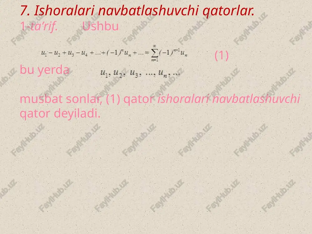 s songa yaqinlashishining ko’rsatamiz : =()= +=s+0=s. demak, = (>0)(n=1,2,…) desak, { ketma –ketlik songa yaqinlashadi ,shu bilan birga 0s.bu esa qator yaqinlashishining ta’rifiga ko’ra ,(1) qatorning yaqinlashishini va uning yig’indisi sondan oshmasligini bildiradi. teorema isbot qilindi. leybnits teoremasi shartlarini qanoatlantiruvchi qator leybnits qatori deb ataladi. 1-misol. qatorni yaqinlashishga tekshiring. yechish. berilgan qator leybnits qatoridir.haqiqattan,bu yerda bo’lib, (n=1,2,…) va = demak,leybnits teoremasiga ko’ra qator yaqinlashadi. etiboringiz uchun rahmat audio1.wav audio11.wav image2.jpeg image3.png image4.png image5.png image6.png image7.png image16.png image17.png image18.png image8.jpeg image9.png image10.png image11.png image12.png image13.png image14.png image15.png image27.png image28.png image29.png image30.png image31.png image19.jpeg image20.png image21.png image22.png image23.png image24.png image25.png image26.png image32.jpeg image33.png image34.png image35.png image36.png image37.png image38.png image39.png image40.png image41.png /docprops/thumbnail.jpeg