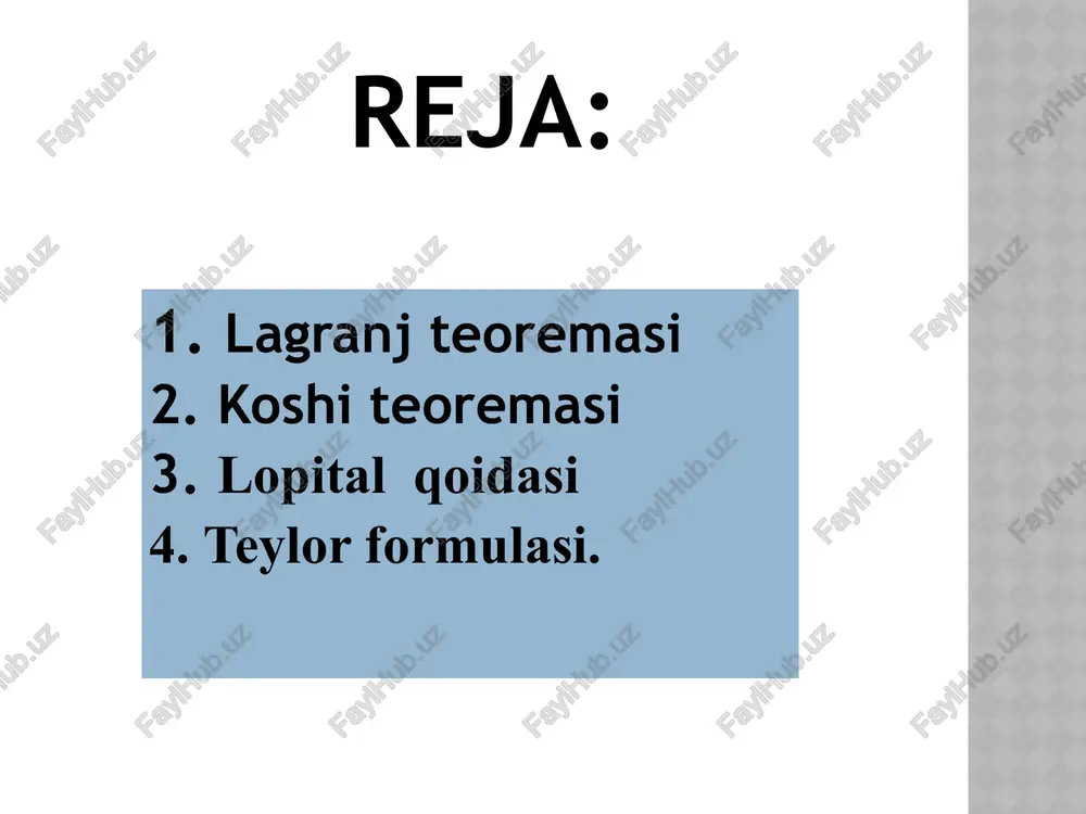 lda f(x) funksiya grafigida abssissasi x=c bo‘lgan shunday c nuqta topiladiki, shu nuqtada funksiya grafigiga o‘tkazilgan urinma abssissalar o‘qiga parallel bo‘ladi. 1-eslatma. roll teoremasining shartlari yetarli bo‘lib, zaruriy shart emas. masalan, 1) f(x)=x3, x[-1:1] funksiya uchun teoremaning 3-sharti bajarilmaydi. (f(-1)=-11=f(1)), lekin f’(0)=0 bo‘ladi. x, agar 0≤x≤1, 2) f(x) = 0, agar 1 x1 bo‘lganda arctgx2-arctgx1x2-x1 ekanligini isbotlang. javoblar: 1. 4. 5. 8. 18 insert jadvali v + – ? “v”- men bilgan ma’lumotlarga mos; “-“ - men bilgan ma’lumotlarga zid; “+” – men uchun yangi ma’lumot; “?” - men uchun tushunarsiz yoki ma’lumotni aniqlash, to’ldirish talab qilinadi. teorema koshi lagranj tarixiy ma’lumot gil’om fransua de lopital (1661-1704) – farang matematigi, u ham leybnits maktabining vakili, teksda keltirilgan kitob differentsial hisobning dastlabki kursi hisoblanadi. jozef-lui lagranj (1736-1813)- mashxur farang matematigi va mexanigi. koshi teoremasi 1-teorema (koshi teoremasi). agar [a,b] kesmada f(x) va g(x) berilgan bo‘lib, 1) [a,b] da uzluksiz; 2) (a,b) …