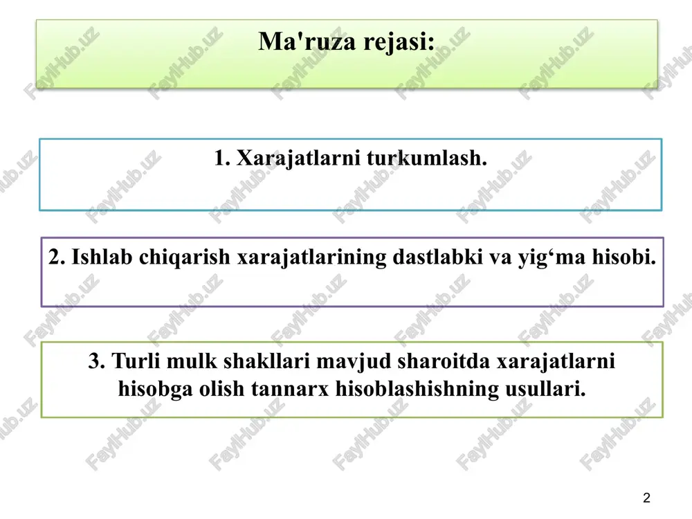 nosib ravishda taqsimlash yo‘li bilan o‘tkaziladigan xarajatlarga aytiladi. 7 2. davr xarajatlari (operatsion xarajatlar): a)mahsulot sotish xarajatlari; b)ma’muriy yoki boshqaruv xarajatlari; s) boshqa operatsion xarajatlar va zararlar; 3. moliyaviy faoliyat bo‘yicha xarajatlar: a) foizlarni to‘lash bo‘yicha xarajatlar; b) xorijiy valyuta bilan operatsiyalar bo‘yicha kurslardagi salbiy farqlar; s) qimmatbaho qog‘ozlarga qo‘yilgan mablag‘larni qayta baholash natijasidagi zararlar; d) moliyaviy faoliyat bo‘yicha boshqa xarajatlar; 4. favqulodda xarajatlar daromad (foyda)dan olinadigan soliq to‘lagunga qadar foyda va zararlarni hisoblab chiqishda hisobga olinadi. 8 ishlab chiqarish xarajatlarining hisobi quyidagi hisobvaraqlarda yuritiladi: 2010-"asosiy ishlab chiqarish", 2110-"o‘zida ishlab chiqarilgan yarim tayyor mahsulotlar", 2310-"yordamchi ishlab chiqarish", 2510-"umumishlab chiqarish xarajatlari". 1. xarajatlarni turkumlash. asosiy ishlab chiqarish xarajatlari hisobi mahsulotlarni ishlab chiqarish, ishlarni bajarish va xizmatlarni ko‘rsatish bilan bevosita bog‘liq bo‘lgan to‘g‘ri xarajatlar materiallar, xodimlar bilan mehnatga haq to‘lash bo‘yicha hisoblashishlar, ijtimoiy sug‘urtaga ajratmalar va boshqalarni hisobga oluvchi hisobvaraqlar kreditidan 2010-"asosiy ishlab chiqarish" hisobvarag‘iga hisobdan chiqariladi. 2010- "asosiy ishlab chiqarish" 2010-"asosiy …