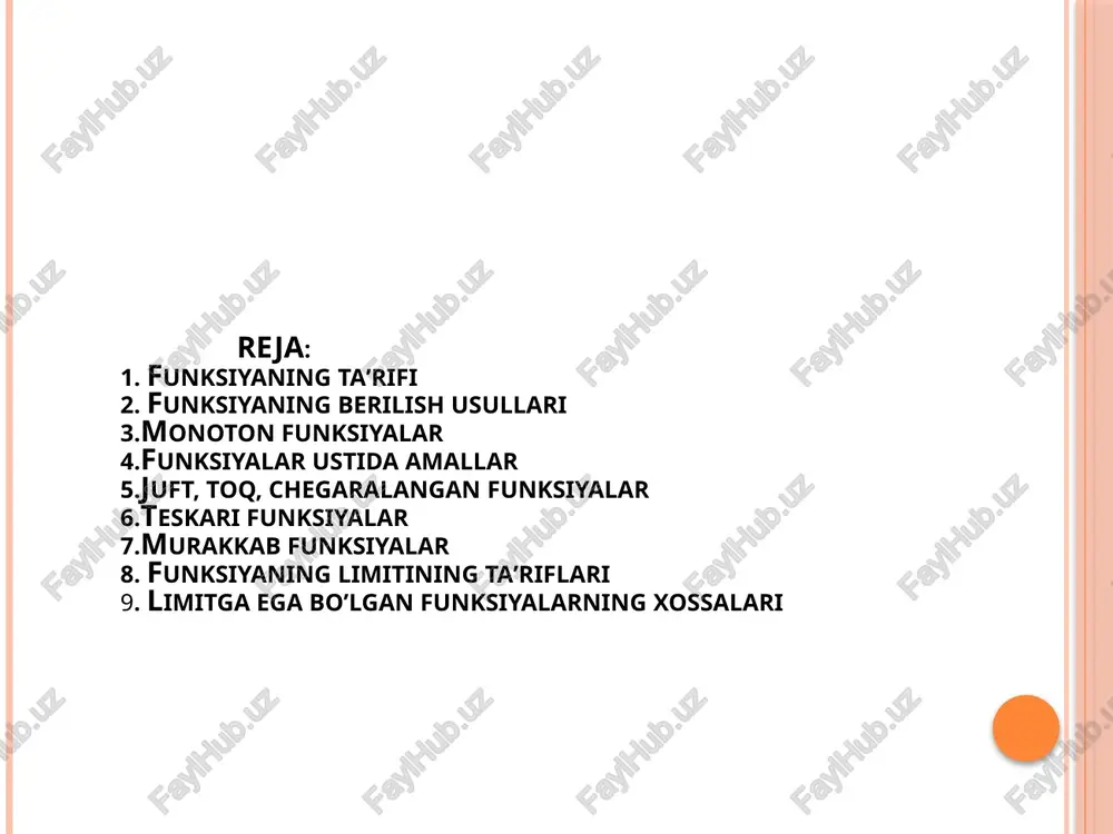 ya analitik usulda berilgan deyiladi. bu yerdagi ∫(x) formula funksiyaning analitik ifodasi deyiladi. 2.jadval usuli ba’zi hollarda, argument x ning ba’zi bir qiymatlariga mos keladigan funksiya qiymatlari jadvali beriladi. bunda, funksiya jadval usulda berilgan deyiladi. funksiyaning jadval usulida berilishi ikkita x va y miqdorlar orasida bog`lanishni tajriba yo`li bilan aniqlashda qo`l keladi. bunda x ning bir nechta x1, x2, …, xn qiymatlari olinadi, tajriba asosida y ning x ga mos y1, y2, …, yn qiymatlari aniqlanadi va jadval tuziladi. x x1 x2 x3 .. xn y y1 y2 y3 .. yn 3.grafik usul agar y=∫(x) funksiya x to`plamda berilgan bo`lsa, u holda tekislikda dekart koordinatalar sistemasi qaraladi. tekislikning barcha (x, ∫(x)) nuqtalaridan iborat ushbu { m(x, ∫(x)) : xєx} to`plam y=∫(x) funksiyaning grafigi deyiladi. agar tekislikda funksiyaning grafigi berilgan bo`lsa, u holda funksiya grafik usulda deyiladi. y x x0 ∫(x0) m (x0, ∫(x0)) funksiya to’plam element aksi moslik grafik jadval …