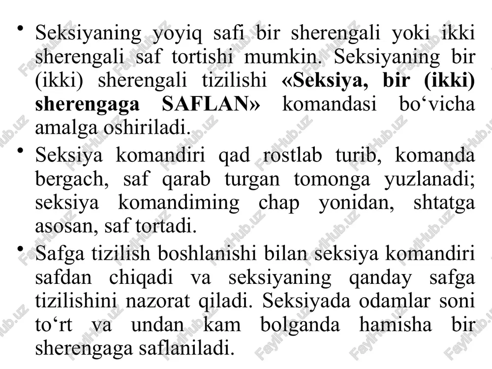 hadi. seksiyani yig‘ish uchun «seksiya — oldimga» komandasi beriladi, uni eshitgan harbiy xizmatchilar yugurib koman- dirning yoniga kelishadi va uning qo‘shimcha komandasi bilan safga tizilishadi. seksiyaning bir sherengali yoyiq safi. seksiyaning ikki sherengali yoyiq safi. barcha harbiy xizmatchilar komanda va buymqlarga binoan («o‘n- ga», «chap-ga», «ort-ga») tekislikni saqlagan holda seksiya bo‘yicha birgalikda u yoki bu tomonga buriladilar. seksiya ikki sherengali safda o‘ng tomonga burilgandan keyin seksiya komandiri o‘ngga (chapga) yarim qadam, ortga burilganda esa oldinga bir qadam tashlaydi. bir joyda turgan seksiyani yoyish uchun «seksiya, oralar o‘ngga (chapga, o‘rtadan) falon qadam kengay (yugur, oralar kengaysin)» komandasi beriladi. darrov bajariladigan komanda berilganda harbiy xizmatchilar ko‘rsatilgan tomonga buriladi, oyoqlar juftlanishi orqasidan kelayotgan kishiga elkasi osha qarab, undan uzoqlab ketmasdan tez yuradi (yuguradi); orqasidan kelayotgan kishi to‘xtagandan keyin komandada aytilgan masofaga yuriladi va chapga (o‘ngga) buriladi. seksiya harakat qilishi uchun «seksiya, qadam bos» («shaxdam qadam bos». «yugur») komandalari beriladi. zarur hollarda harakat yo‘nalishi …