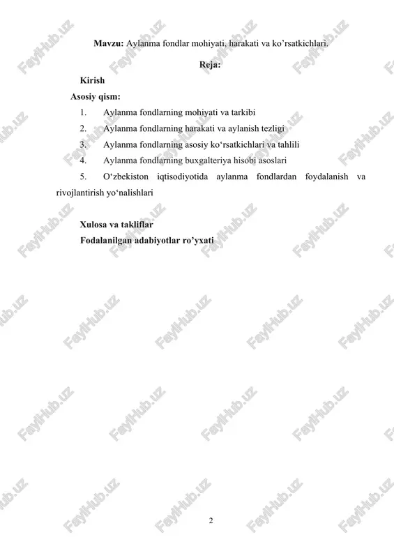 a qabul qilingan "o‘zbekiston-2030"[footnoteref:1] strategiyasi doirasida ishlab chiqarish samaradorligini oshirish va korxonalar moliyaviy barqarorligini mustahkamlashga qaratilgan islohotlar amalga oshirilmoqda. ayniqsa, sanoat tarmoqlarida aylanma fondlardan foydalanish ko‘rsatkichlarini yaxshilash, ularning aylanish tezligini oshirish va moliyaviy barqarorlikni ta’minlash bo‘yicha bir qator chora-tadbirlar amalga oshirilmoqda. [1: https://lex.uz/uz/docs/-6600413 ] ushbu kurs ishida aylanma fondlarning mohiyati, harakati va ko‘rsatkichlari o‘rganamiz. aylanma fondlarning samaradorligini oshirishga qaratilgan nazariy va amaliy jihatlar tahlil qilgan holda, shu bilan birga, o‘zbekiston iqtisodiyotida bu boradagi islohotlar va ularning natijalari tahlil qilamiz. kurs ishining obyekti va predmeti. mazkur kurs ishimizning obyekti – korxonalarda aylanma fondlar harakati va ularning iqtisodiy samaradorlikka ta’siri hisoblanadi. o‘zbekiston iqtisodiyoti sharoitida aylanma fondlarning holati, ularni boshqarish jarayonlari va samaradorligini oshirish yo‘llari kurs ishining tadqiqot obyekti sifatida tanlangan. kurs ishining predmeti esa aylanma fondlarning tarkibi, ularning harakati, boshqaruv jarayonlari va samaradorlik ko‘rsatkichlari hisoblanadi. aylanma fondlarning aylanish tezligi, ulardan foydalanish samaradorligi va ularning korxonalarning umumiy moliyaviy barqarorligiga ta’siri ushbu ishning asosiy …
