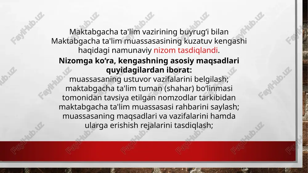 linmaga takliflar kiritish; muassasaning xodimlarini rag‘batlantirish bo‘yicha hududiy bo‘linmaga takliflar berish. muassasada bolalarning sifatli ta'lim olishlari, ularga tegishli shart-sharoitlar yaratish hamda ta'lim-tarbiya jarayonlarini qo‘llab-quvvatlash maqsadida muassasa rahbariga ko‘maklashish uchun har bir muassasada kengash tashkil etiladi. kengash 11 kishidan kam bo‘lmagan toq sondan iborat tarkibda tuziladi. bunda, kengash tarkibiga muassasaning pedagoglari orasidan 2 nafar, tarbiyachi yordamchilari orasidan 2 nafar, muassasa ma'muriyatidan 1 nafar, tegishli hududiy bo‘linmadan 1 nafar, jamoat tashkilotlari va homiylar orasidan 2 nafar hamda har bir guruhida tarbiyalanuvchilarning ota-onalaridan kamida 3 nafar a'zo kiritiladi. kengash tarkibi 3 yil muddatga saylanadi. bunda kengash tarkibi har o‘quv yili boshida ko‘rib chiqilishi mumkin. kengash a'zolari muassasa tarbiyalanuvchilari ota-onalarining umumiy yig‘ilishida ochiq ovoz berish yo‘li bilan saylanadi. kengash o‘ziga yuklatilgan vazifalarni amalga oshirishda quyidagi huquqlarga ega: muassasaning tegishli davrdagi faoliyati bo‘yicha muassasa rahbaridan ma'lumotlar so‘rash va olish; muassasaning moliyaviy hisobotlari bilan tanishish; homiylik va xayriya mablag‘larining kirim qilinishi va sarflanishi haqidagi ma'lumotlar bilan …