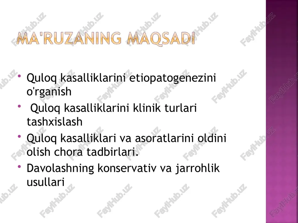 audiometriyasi impedansometriya elektrokoxlegrafiya eshitish potentsiallarini ro’yxatga olish otoakustik emissiya vestibulyar analizator – bu muvozanat organi bo’lib, mushaklar tonusini boshqaradi, tanani belgilangan xolatda o’shlab va bu xaqida bosh miya pustloq qismiga informatsiya etkazib turish vazifasini bajaradi. yarim doira kanallarning adekvat qo’zgatuvchisi – burchakli tezlanish. otolit apparatining adekvat qo'zgatuvchisi – boshlanishi va tugashi to'g'ri chiziqli xarakat markazdan qochuvchi kuch, boshning tananing xolatini o'zgarishi yer tortishish kuchi tana tinch turgan vaqtda xam otolit apparatiga ta'sir kursatadi. qo’zgatuvchi ta'siriga qarab spontan (endogen), kalorik, aylanma, aylanishdan keyingi, pressor nistagmlar farqlanadi. nistagm yo’nalishi: o’nga, chapga, yuqoriga, pastga. gorizontal-tekislikda, vertikal, rotator nistagmlar farqlanadi. * nistagm kuchi – i, ii, iii daraja. nistagm amplitudasi – mayda, o'rta va yirik. nistagm chastotasi (ma'lum vaqt orasidagi tebranishlar soni, (odatda 10 sek). polittser balloni yordamida pressor nistagm faqat bosim o'zgarganda kuzatiladi va bir necha sekund davom etadi. pressorli nistagmni qayta sinamasida nistagm kamayishi mumkin. agar fistula gorizontal yarim doira kanallari soxasida …