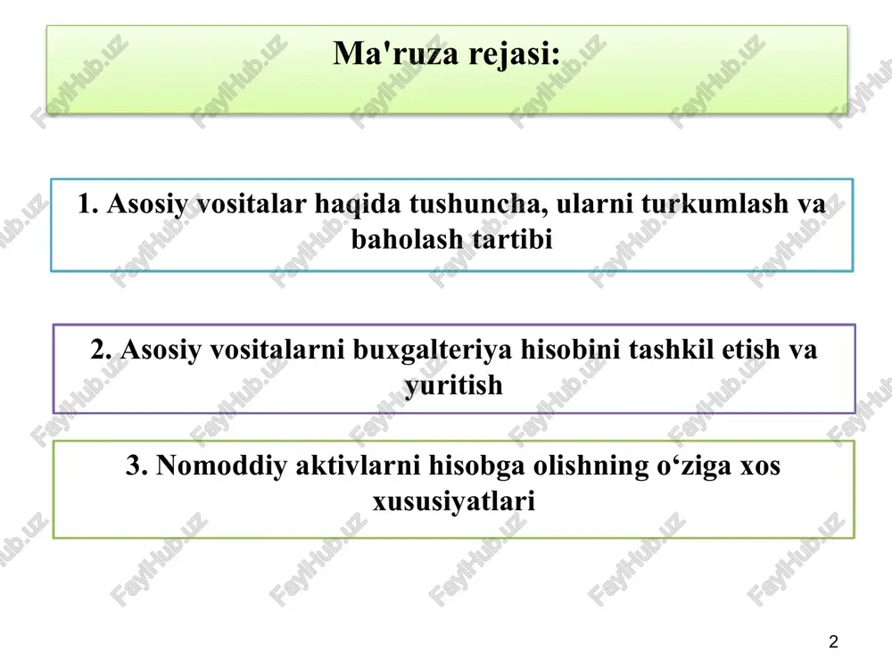moslamalar"; 0130 "mashina va asbob-uskunalar"; 0140 "mebel' va ofis jihozlari"; 0150 "komp'yuter jihozlari va hisoblash texnikasi"; 0160 "transport vositalari"; 0170 "ishchi va mahsuldor hayvonlar"; 0180 "ko‘p yillik o‘simliklar"; 0190 "boshqa asosiy vositalar"; 0199 "konservasiya qilingan asosiy vositalar". 7 1. asosiy vositalar haqida tushuncha, ularni turkumlash va baholash tartibi asosiy vositalarning buxgalteriya hisobi birligi bo‘lib inventar' ob'ekti hisoblanadi. bitta asosiy vositada turlicha foydali foydalanish muddatiga ega bir nechta mustaqil ob'ektlar mavjud bo‘lganda, har bir bunday ob'ekt buxgalteriya hisobida alohida mustaqil inventar' ob'ekt sifatida tan olinadi. ikki yoki undan ortiq korxona mulki bo‘lgan asosiy vositalar har bir korxona tomonidan asosiy vositalar tarkibida uning umumiy mulkdagi ulushiga mutanosib tarzda aks ettiriladi. baholash: asosiy vositalar boshlang‘ich qiymat bo‘yicha hisobga olinadi. asosiy vositalar korxona balansiga boshlang‘ich qiymati bo‘yicha kiritilishi lozim va u xarid qilish qiymati (etkazib beruvchiga to‘langan summa) hamda asosiy vositalarni xarid qilish bilan bog‘liq barcha xarajatlarni o‘z ichiga oladi 1. asosiy vositalar haqida …