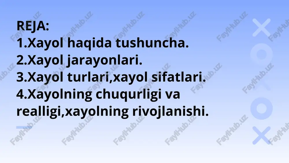 ildirib, unda turli qismlarni bitta qilib yangi obraz yaratiladi. masalan: yalmog’iz kampir, suv parisi, kentavr, ssfinks obrazlari va boshqalar. giperbolizasiya - obrazlarni kattalashtirish yoki kichiklashtirish shuningdek, alohida qismlarni o’zgartirishdir. masalan: gulliver, liliput, alpomish, rustam pahlavon obrazlari kabilar. tizimlashtirish - o’xshatish orqali ayrim tasavvurlarni ular orasidagi farqlarni silliqlash; tipiklashtirish-bir xil obrazlarni qaytarilishi bo’lib, har bir davr uchun tipik bo’lgan obrazlarni yaratish masalan: a.qahhor hikoyalari ("o’g’ri", "bemor") a.qodiriy ("o’tgan kunlar") romani kabilar. aksentlashtirish - ayrim belgilarni ta'kidlash orqali obrazlar yaratish masalan: o’rtoqlik hazillari. aksentlashtirish badiiy adabiyotlarda juda ko’p qo’llaniladi. xayol jarayonida xayol tasavvurlarining xotira tasavvuridan farqi muhim ahamiyatga ega. xayol tasavvurlari ongda paydo bo’ladi va barqaror bo’ladi. xotira tasavvuridagi narsa doimo tanish narsadek his qilinadi. xayol tasavvurlari esa yangilikni his qilish tuyg’ularini beradi. xayol tasavvurlari insonning qiziqish va ideallari bilan bog’liq bo’lgani sababli yangilikni his qilish tuyg’ulari oqibatida vujudga keladi. xayol turlari odatda biz tasavvur xayoli, ijodiy xayol, ixtiyoriy va ixtiyorsiz xayol …