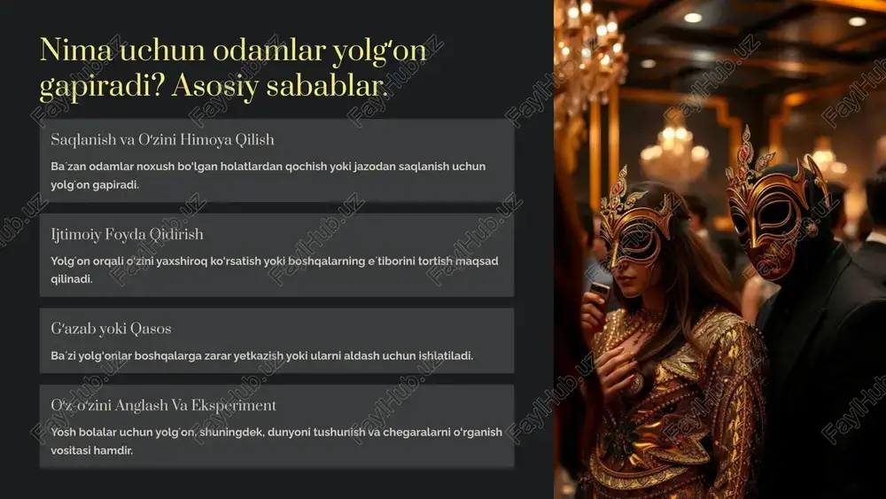 nning oqibatlari va ijobiy odatlarni shakllantirishni o‘rgatish. 5 yolgʻon gapirishga moyillikni kamaytirish strategiyalari halollik madaniyatini shakllantirish ijtimoiy va oilaviy muhitda halol bo‘lishni rag‘batlantirish muhimdir. emotsional intellektni rivojlantirish o‘z his-tuyg‘ularini anglash va boshqalar bilan to‘g‘ri muloqot qilish. qarama-qarshiliklarni hal qilish ko‘nikmalari stress va nizolarni hal qilishning sog‘lom usullarini o‘rgatish. shaxsiy javobgarlikni oshirish yolgʻonning salbiy natijalaridan xabardorlik yaratuvchi treninglar va maslahatlar. 6 oq yolgʻon va qora yolgʻon oq yolgʻon yaxshi niyat bilan aytiladigan, boshqalarni jarimadan saqlovchi yoki hissiy zarar yetkazmaslik uchun ishlatiladi. insoniy mehribonlik ramzi baʼzan kerakli ijtimoiy muloqot vositasi qora yolgʻon zarar yetkazish, noqonuniy yoki manipulyatsion maqsadlarda aytiladigan yolgʻon. ishonchni buzadi ijtimoiy va shaxsiy munosabatlarga zarar 7 xulosa yolgʻon murakkab psixologik davrani tashkil qiladi u motivations and environmental factors bilan bogʻliq bo‘lib, turli turlarga ega. aniqlash va oqilona yondashuv muhim verbal va noverbal signalarga eʼtibor, shaxs va jamiyat sogʻligʻi uchun zarurdir. halollik madaniyatini rivojlantirish kerak yolgʻondan qochish strategiayalari va tarbiya orqali …