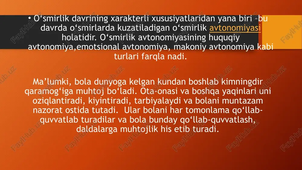 bola dunyoga kelgan ondan boshlab u onasi va atrofidagilarning emotsional, hissiy qo‘llab-quvvatlashiga, mehr-muhabbatini namoyon qilishiga, erkalashiga ehtiyoj his qiladi. shuning uchun ham ilk bolalik yoshidagi, maktabgacha va kichik maktab yoshidagi bolalarni suyub, erkalab ularni quchib, boshini silab, yoqimli gaplar va muomala bilan ularga hissiy yaqinlik namoyon qilinsa, ular bundan quvonib, xursand bo‘ladilar va erkalayotgan shaxsga nisbatan talpinadilar. buni yosh bolalarning onasiga suykalishi, ularning pinjiga suqilishi, ularga erkalanishi hollarida kuzatishimiz mumkin. shuningdek, bolalar o‘z tengdoshlari bilan bo‘ladigan o‘zaro munosabatlarida nizo-tortishuvlarga duch kelganida va ayniqsa, tengdoshlaridan «jabrlanganda», «yengila boshlaganidan», ota-onasidan va atrofidagi yaqinlaridan emotsional dalda, hissiy qo‘llab-quvvatlash kutadi va bu borada ularga murojaat qiladi. agar o‘z vaqtida shu hissiy daldani ola olsa, o‘zini erkin, tetik, g‘olib his qiladi va ular bilan quvonib yuradi. o‘zining kichkinagina hayotida duch kelgan «muammolari»nihal qilishda kattalar yordamiga muhtojlikni his qiladi, ulardan muntazam foydalanishga intiladi. o‘smirlik davrida esa, aksincha, o‘smir endi «yosh bola» emas, endi u «katta odam», …