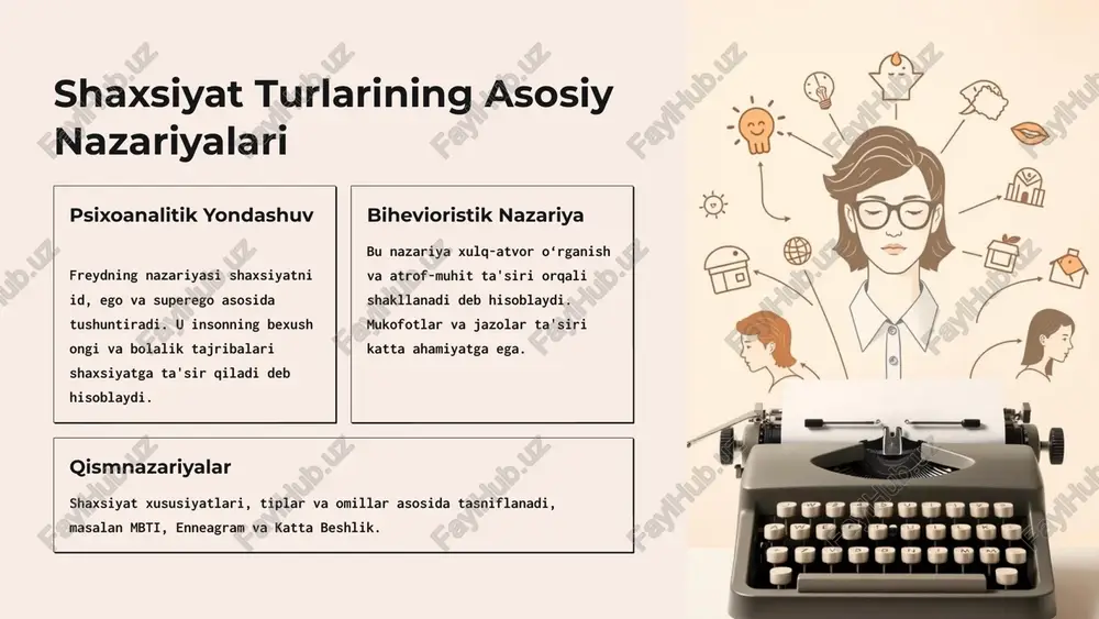 ilik (agreeableness) hamkorlik va iliqlik. neurotiklik (neuroticism) emotsional barqarorlik yoki bezovtalik. 5 shaxsiyat turlarini aniqlash usullari so‘rovnomalar va testlar professional psixologik testlar orqali, masalan mbti yoki enneagram, shaxsiyat tipi aniqlanadi. ommabop onlayn testlar esa tezkor natija beradi, ammo professional yondashuv muhim hisoblanadi. intervyu va kuzatuv psixologlar va murabbiylar mijozlarning xulq-atvorini va reaktsiyalarini kuzatib, shaxsiyatini aniqlashda yordam beradi. bu usul ko‘proq kontekst va chuqur tahlil imkonini yaratadi. 6 shaxsiyat turlarini bilishning afzalliklari 1 shaxsiy o‘sish aqlan o‘z kuchli va zaif tomonlarini rivojlantirish imkoniyati. 2 munozaralarni yaxshilash boshqalar bilan muloqotda tushunishni kuchaytiradi va nizolarni kamaytiradi. 3 ishdagi hamkorlik jamoa ishida turli shaxsiyatlarni to‘g‘ri boshqarish samaradorlikni oshiradi. 4 qaror qabul qilish shaxsiy xususiyatlarni hisobga olib, yaxshiroq strategiyalar ishlab chiqiladi. 7 xulosa va savol-javob bugungi taqdimotda shaxsiyat turlari, asosiy nazariyalar va metodlar haqida ma'lumot berdik. shaxsiyatni yaxshiroq tushunish orqali siz o‘z hayotingiz va atrofdagilar bilan munosabatlaringizni samarali boshqarishingiz mumkin. mbti, enneagram va katta beshlik …