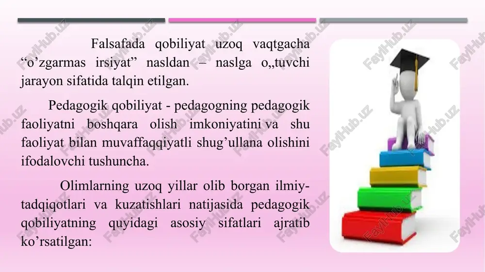 atidagi ijodkorlik sohasi juda keng bo‘lib, u o‘quvchilarga yondashuvda ham, ularning mavzusiga nisbatan ham, o‘quv materiallarini taqdim etishda, o‘qitish va o‘qitish vositalari va usullarini tanlashda o‘zini namoyon qilishi mumkin. o‘qituvchining o‘quv materialini tanlashga ijodiy yondashuvi, noan’anaviy dars yoki darsdan tashqari mashg‘ulotlarni yaratish dars samaradorligini ta’minlaydi, talabalar faoliyatini rag‘batlantiradi va kognitiv qiziqishni faollashtiradi. ijodiy o‘qituvchi bolada ijodkorlikni rivojlantirishiga ta’sir muhimdir va dolzarbdir. faqat ijodiy o‘qituvchi o‘z o‘quvchilarining ko‘zlarida uchqunni yoqib, ularda bilimga chanqoqlikni uyg‘otishi mumkin. ijodiy o‘qituvchi o‘z ishi bilan o‘quvchilariga katta ta’sir ko‘rsatadi. ijodkorlik mehnatga bo‘lgan qadriyat munosabati bilan ajralib turadigan, kasbiy malakasini oshirishga, bilimlarni to‘ldirishga va tajribani o‘rganishga intilayotganlarga xosdir. zamonaviy o‘qituvchi, agar u bolalar uchun qiziqarli bo‘lishni xohlasa, bilimdon, ko‘p qirrali shaxs bo‘lishi kerak. 7 xulosa o‘qituvchining asosiy maqsadi har bir talabaning moyilligini aniqlashdir. o‘qituvchining vazifasi o‘quvchiga o‘zini topishga yordam berish, birinchi va eng muhim kashfiyotni amalga oshirish – o‘z qobiliyatlarini va ehtimol iste’dodini kashf etishdir. bu bilim, …