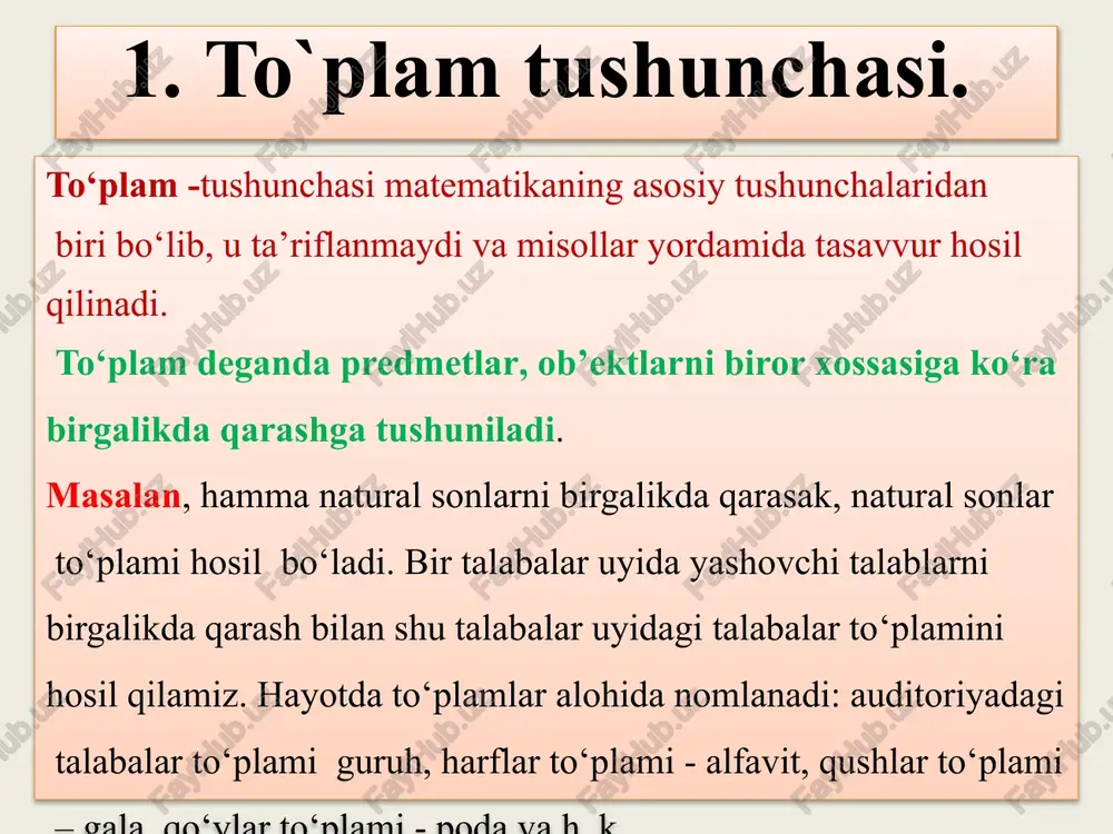 va n(a) kabi belgilanadi. masalan, to‘plamning quvvati n(a) = 7 ga, to‘plamning quvvati n(b) = 1 ga 3-ta’rif. quvvatlari teng bo‘lgan to‘plamlar teng quvvatli to‘plamlar deyiladi. masalan, a=(a,b,c) va b=(s,d,e) to‘plamlar teng quvvatli. n(a) = n(c) = 3. asosiy sonli to‘plamlarga misollar: a) barcha natural sonlar to‘plami - n b) barcha butun sonlar to‘plami - z c) barcha ratsional sonlar to‘plami - q d) barcha haqiqiy sonlar to‘plami - r 4-ta’rif: bitta ham elementga ega bo‘lmagan to‘plam bo‘sh to‘plam deb ataladi va bilan belgilanadi. masalan, x2 + 4 = 0 tenglamaning haqiqiy ildizlari to‘plami, oydagi daraxtlar to‘plami, dengiz tubidagi quruq toshlar to‘plami bo‘sh to‘plamlardir. chekli va cheksiz to`plamlarga misollar. elementlari soniga bog‘liq holda to‘plamlar chekli va cheksiz to‘plamlarga ajratiladi. elementlari soni chekli bo‘lgan to‘plam chekli to‘plam, elementlari soni cheksiz bo‘lgan cheksiz to‘plam deyiladi. 1-m i s o l. a = {x|x n x2 > 7} to‘plam 2 dan katta barcha …
