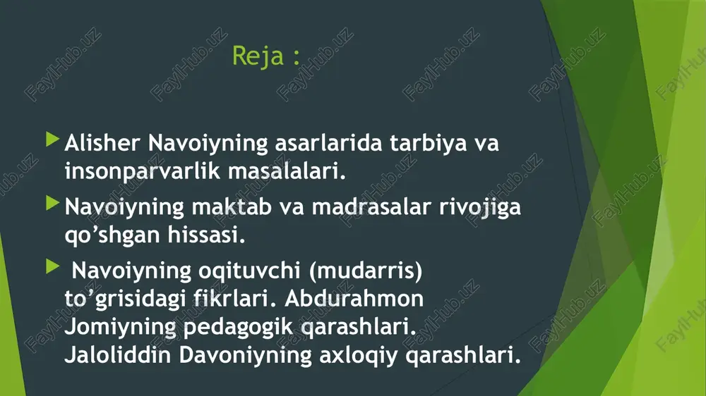 udsiya” jome’ masjidi, “shifoiya” davolash uyi, “safoiya” hammomi, va ular qoshiga toshhovuz qurdiradi. navoiyning oqituvchi (mudarris) to’grisidagi fikrlari mudarris kerakki, g’arazi mansab bo’lmasa va bilmas ilmni aytishga urinmasa, manmanlik uchun dars berishga havas ko’rgazmasa va olg’irlik uchun gap-so’z va g’avg’o yurgizmasa, nodonlikdan sallasi katta va pechi uzun bo’lmasa, gerdayish uchun madrasa ayvoni boshi unga o’rin bo’lmasa. ... abdurahmon jomiyning pedagogik qarashlar jomiy uchta lirik devon, etti dostondon iborat “haft avrang” (“etti taxt”), ta’lim-tarbiyaga oid “bahoriston” asarlari bilan jahon madaniyati taraqqiyotida munosib o’ringa ega bo’ldi. jomiy asarlari jomiyning ‘lujjat ul-asror” (“sirlar dengizi”, 1475), “ashiat ul-lamoat” (“yiltillagan nur”, 1476) diniy-falsafiy qasidasi ibn sinoga bag’ishlangan. dostonlarida xalq ommasining eng yaxshi orzu-umidlarini kuylagan. 7 dostondan iborat “haft avrang” (“etti taxt” yoki “katta ayiq”, 1480—87)dagi “silsilat uz-zahab” (“oltin zanjir”, 1472), “tuhfat ul-ahror” (“nuroniylar tuhfasi”, 1481—82), “sibhat ul-abror” (“taqvodorlar tasbehi”, 1482— 83) dostonlarida yuksak xulq-atvor mezonlarini targ’ib qilgan, kishilarni ma’rifatga, yurtparvarlikka, to’g’rilik, insof va iymonga chaqirgan. …