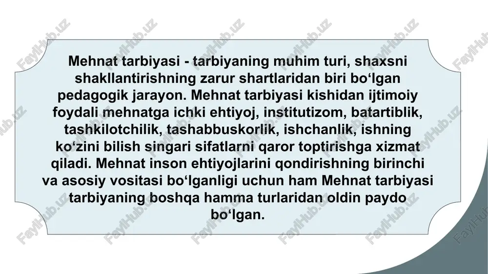 oza yuvinib chiqmagan kishidek o’tmaysan”- deydilar. muqaddas kitob avestoda ham mehnat moddiy boyliklar manbai bo’lgani uchun emas, balki u mehnatni asosan ahloqiy jihat, yaxshilik manbai deb bilganligi uchun insonlarcha mehnat qilishga chaqiradi. halq pedagogikasida “yoshlikda egallangan bilim, hunar toshga o’yib yozilgan hikmatdur” – deb ta’kidlanadi. “farzandlarga odob-hunar o’rgatmak merosdur” – deb nasihat qilinadi qobusnomada “sen odob, hunar va donishini o’zingdan meros qilgin, toki uning haqqini bajo kelturmish bo’lgaysan”. chunki xos kishilarning farzandiga odob va hunardan yaxshiroq meros yo’qdir hunar egallash ham bir fazilatdir mahoratdir. hunar egallashda halollik, poklik, sabr-qanoat, matonat, mehnat madaniyatiga rioya qilish muhim rol o’ynaydi ota-bobolarimiz ham hunar o’rganishni asosiy vazifa ekanligini o’rgatib kelganlar. nizomiy ganjaviy shunday degan: hunar o’rgan chunki hunarda ko’p sir, yopiq eshiklarni ochar birma-bir. abu rayhon beruniy mehnat va hunar avloddan-avlodga meros bo’lib o’tishini sinchiklab o’rgangan va hunarni yuqori baholagan. u “hunarmandchilikda, mehnatda to’liq ustozlik sa’natini egallab olishi kerak”, degan fikrni aytadi. mehnat ta'limi …