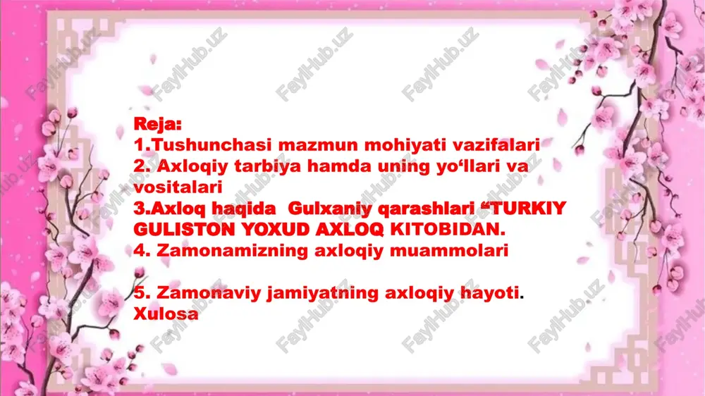 asidagi an’anaviy tarbiya bilan o’yinchoqlar va o’yinlar vositasidagi zamonaviy tarbiya muvaffaqiyatli qo’llaniladi; bunda bolaning qizg’anchiqlik, g’irromlik qilmaslikka, halol bo’lishga o’yinlar yordamida da’vat etiladi. bolalar axloqiy tarbiyasida televidenie, radio, qo’g’irchoq teatri, kino san’ati katta rol o’ynaydi. umuman, axloqiy tarbiyaning eng kuchli vositasi san’at. bu vosita aholining barcha tabaqasini, turli yoshdagi shaxslarni qamrab oladi. ayniqsa, san’atning badiiy adabiyot turi keng qamrovli. ertakdan tortib, romangacha bo’lgan janrlarda chop etilgan asarlar shaxsning axloqiy shakllanishida ulkan xizmat ko’rsatadilar. ular orqali kitobhon tarbiyalanuvchi sifatida ezgulik va yovuzlik nimaligini badiiy idrok etadi; ideal tanlashda ham ularning ahamiyati katta. bundan tashqari, badiiy adabiyotning bevosita axloqiy tarbiyaga mo’ljallangan hikoyatlar, rivoyatlar va nasihatlar majmualari borki, biz ularni, yuqorida ko’rganimizdek, pandnomalar deb ataymiz: «kalila va dimna», «qobusnoma», «guliston», «zarbulmasal» singari bunday mumtoz asarlar an’anaviy axloqiy tarbiya vositasi sifatida necha asrlardan buyon qanchadan - qancha avlodlarga xizmat qilib keldi, bundan buyon ham shunday bo’lib qolajak. axloq insonlarni yaxshilikg’a chaqirguvchi, yomonlikdan qaytarguvchi bir …