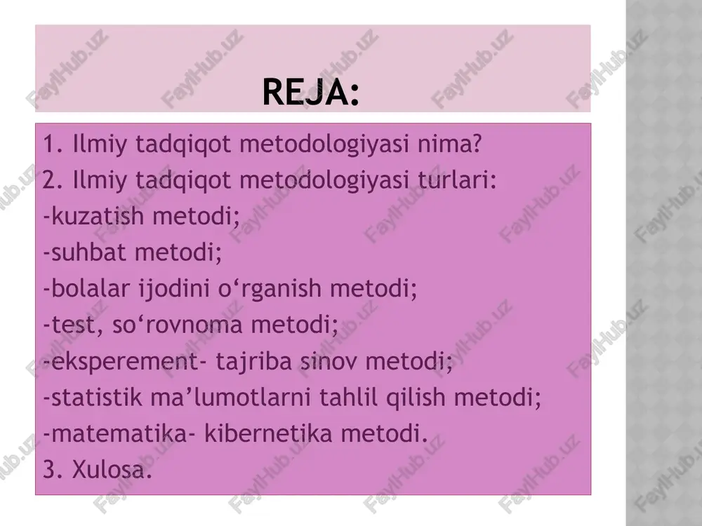 rbiyaviy ta`sir ko`rsatish yo`llarini belgilash uchun qo`llaniladi. ilmiy kuzatishlar esa nafaqat o`quvchilarning tabiiy faoliyatini, balki ularning ilmiy dunyoqarashlarini shakllanishi, fikrlash jarayoni kuchi, xulosalar chiqarishdagi faolliklarini aniqlaydi, ularni tahlil etadi va tegishli xulosalar chiqarishga imkoniyat tug’diradi. bunday kuzatishlar pedagogika fani mazmuninining boyishiga sabab bo`ladi. kuzatish metodi ta`lim-tarbiya jarayonini yaxshilash yoki yaratilgan ilmiy farazlarning qanchalik to`g’ri ekanligini aniqlash maqsadida suhbat metodidan foydalaniladi. odatda, suhbat metodi maktab o`qituvchilar va o`quvchilar jamoasi bilan, ota-ona va keng jamoatchilik bilan yakka va guruhli tartibda ish olib borilganda qo`llaniladi. bunda suhbat metodini tadbiq etishdan oldin maqsadli reja tuziladi, amalga oshirish yo`llari belgilanadi, natijalar tahlil qilinadi va tegishli xulosa chiqariladi. shuningdek, tadqiqotchining suhbat olib borish va uni kerakli tomonga yo`naltira olishni bilishi, suhbatdoshining ruhiy holatiga qarab suhbat ohangini moslashtira bilishi g’oyat muhimdir. bunda: suhbat uchun oldindan savol tuzish; vaqti va o`tkazish joyini belgilash; suhbat ishtirokchilarining soni va kasblaridan xabardor bo`lishi; suhbat uchun qulay sharoit va erkin gaplashish imkonini …