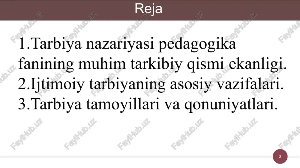 ’onaga ko’tarilsin. shu boisdan, har bir bolani yosh paytidanoq mehnat qilib, mehnatning tagi rohat ekanligini anglatish uchun daraxt ko’chati o’tqazishga, uy-ro’zg’or qurollari yasash, yerga ishlov berish va chorva bilan shug’ullanishga o’rgatilishi shart. 5 6 tarbiya jarayonining mohiyati va ahamiyati. alisher navoiy bolaning voyaga yetishida, kamol topishida tarbiyaning kuchi va qudratiga alohida e’tibor beradi. tarbiya natijasida bolaning foydali va yetuk kishi bo’lib o’sishiga ishonadi. yosh bolaning juda kichik yoshidan boshlab tarbiyalamoq zarur. tarbiya insonga o’zida yaxshi odat va fazilatlar xosil qilishga yordam beradi. u odam shaxsi kishilar bilan munosabatda, ayniqsa kishilarning bir – birlariga bo’lgan ruhiy ma’naviy ta’sirlari natijasida tarkib topadi deb voyaga yetkazishda asosiy omillardan biri tarbiya ekanligi uqtiradi. 6 7 tarbiya jarayonining mohiyati va ahamiyati. abu rayhon beruniy kundalik turmush masalalariga ham katta e’tibor bergan. har bir axloqan barkamol inson o'zining turmush tarzini uyg'un, go'zal eta oladi. uyg'unlik, go'zallik va nafosatning asosi sanaladi. beruniy insoniy xislatlardan muhimi - ozodlik, …