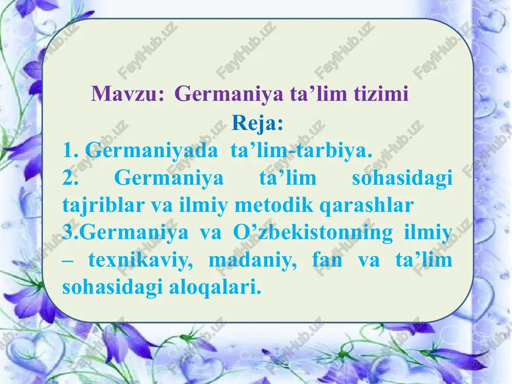 ega. shu sababli federal hududlarning maktab taʼlim tizimida ayrim farqlar bor. masalan, aksariyat hududlarda boshlang‘ich taʼlim 4 yil (birinchi sinfdan to‘rtinchiga qadar), poytaxt berlinda esa – 6 yil. ammo bu kabi farqlarga qaramasdan, barcha hududlar uchun umumiy tartib-qoidalar amal qiladi. germaniyada maktab taʼlimi majburiy va bepul. 6 yoshdan 18 yoshgacha fuqarolar majburiy tartibda taʼlim olishi shart qilib belgilangan. maktab taʼlim tizimi esa boshlang‘ich, o‘rta va yuqori bosqichlarga bo‘linadi bolalar 5-6 yoshdan boshlang‘ich maktabga qatnaydi. boshlang‘ich maktabda o‘qish davri to‘rt yildan olti yilgacha. maktablarda birinchi, ikkinchi sinf davomida o‘quvchilarga baho qo‘yilmaydi. o‘qituvchilar baho o‘rniga bolaning individual, psixologik rivojlanish holati xususida hisobot tayyorlaydi. o‘quvchilarga 3-sinfdan baho qo‘yila boshlaydi. germaniyada 6 ballik baholash tizimi qabul qilingan. bunga ko‘ra, 1 – aʼlo; 2 – yaxshi; 3 – qoniqarli; 4 – yetarli; 5 – yetarli emas; 6 – qoniqarsiz. o‘quvchilar fanlarni eng kamida "4"ga o‘zlashtirishi kerak. boshlang‘ich bosqichda bolalarga matematika, nemis tili, tabiatshunoslik, musiqa, estetika …