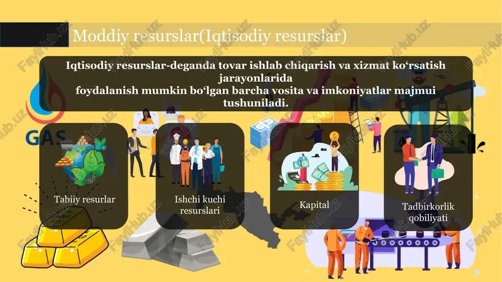 lar, tosh va qum tabiiy resurslardir. boshqa tabiiy resurslar havo, quyosh nuri, tuproq va suvdir moddiy resurslar(iqtisodiy resurslar) tabiiy resurlar ishchi kuchi resurslari kapital tadbirkorlik qobiliyati tabiiy resurslar - bu hayotni ta'minlash va odamlarning ehtiyojlarini qondirish uchun ishlatiladigan yerdan olingan materiallar. inson foydalanadigan har qanday tabiiy moddani tabiiy resurs deb hisoblash mumkin. neft, ko'mir, tabiiy gaz, metallar, tosh va qum tabiiy resurslardir. boshqa tabiiy resurslar havo, quyosh nuri, tuproq va suvdir ishchi kuchi deb insonning mehnat qilishga bo‘lgan aqliy va jismoniy qobiliyatlarining yig‘indisiga aytiladi. ishchi kuchi insonning mehnatga bo‘lgan aqliy va jismoniy qobiliyatlarining yig‘indisi bo‘lganligi uchun bozor iqtisodiyoti davrida inson emas, mehnat jarayoni ham emas, balki ishchi kuchi tovar sifatida sotiladi va sotib olinadi. ishchi kuchining boshqa tovarlar kabi qiymati va nafliligi mavjuddir va binobarin, uning bozori ham mavjud bo‘ladi. shuning uchun hozirgi kunda keng qo‘llanilayotgan mehnat bozori tushunchasi o‘rniga ishchi kuchi bozori, mehnat resurslari o‘rniga ishchi kuchi resurslari deyilsa …