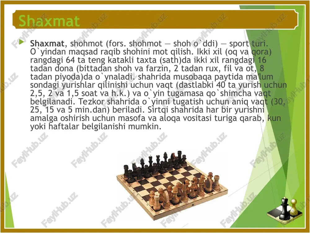 yin yutqaziladi. ot - bu donaga o‘xshab birorta shohmot donasi yura olmaydi. ot, yurmasdan kutilmagan joyga sakrab o'tadi. u, o‘zining va raqibning donalari ustidan, ikki xonadan keyin yon tomondagi uchinchi xonaga yuradi. oq xonada turgan bo'lsa qora xonaga yuradi, qoradan — oqqa. o`zbekiston zaminida sh. chuqur ildiz otganini tasdiqlovchi manbalar mavjud. 1972 yilda dalvarzintepa (surxondaryo)da olib borilgan arxeologik qazilmalar vaqtida kushon davri (1— 2-asrlar)ga oid sh. donalari, 1977 yilda afrosiyob (samarqand)da o`tkazilgan tadqiqotlar chog`ida 7—8-asrlarga taalluqli 7 ta sh. donasi topilgan. 9-asrda yashagan arab olimi va shatranjchisi aladliyning yozishicha, shatranjdagi inson tafakkurini cheklagan shashxoldagi xollarning tushishiga qarab yurish (shashxol)ning bekor qilinishi va bu o`yinning rivojlanishida o`rta osiyo xalqlari muhim rol o`ynagan. 20-asrning 90-yillaridan o`zbekiston sh.ida yuksalish boshlandi. erkaklar terma jamoasi jahon sh. olimpiadasida 2-o`rinni egalladi (1992), osiyo chempionatida g`alaba qozondi (1999). ibrohim hamroqulov o`smirlar o`rtasida jahon birinchiligida g`olib chiqdi (1998). rustam qosimjonov osiyoning birinchi (1998), jahonning 17-chempioni (2004) bo`ldi. fide …