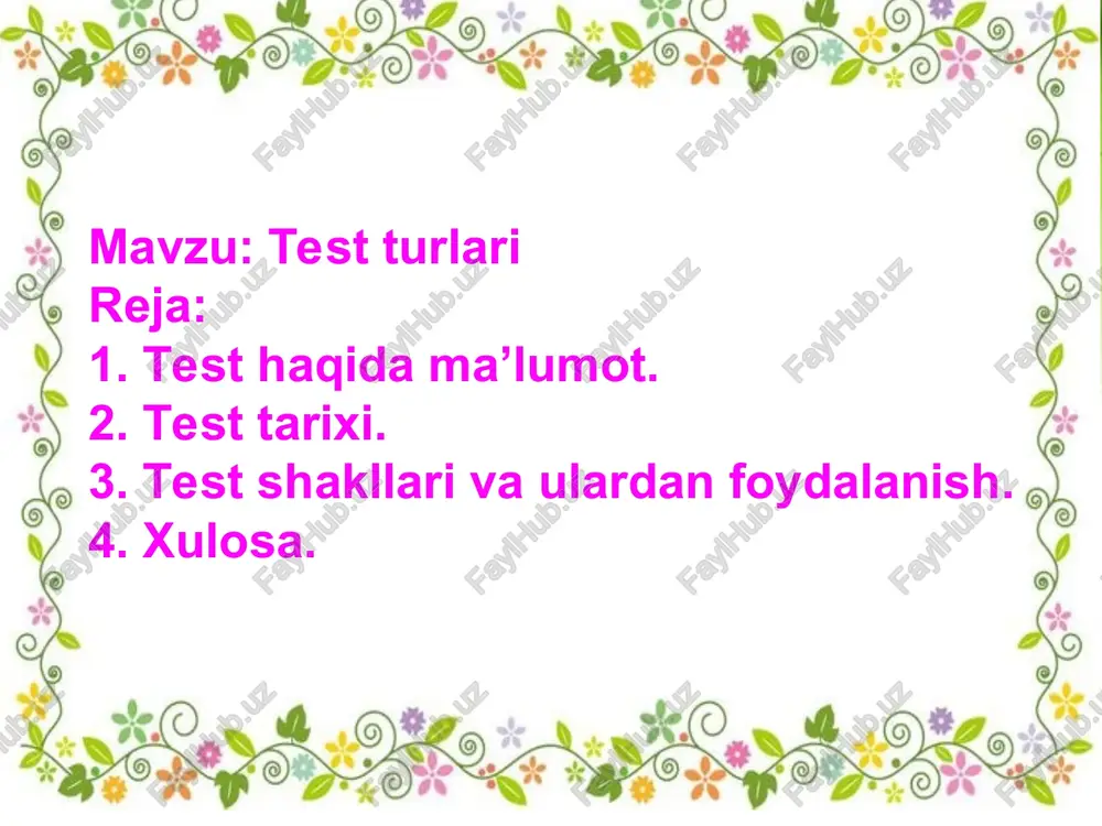 g nazariy asoslarini keyinchalik ingliz psixologi f.gamelton ishlab chiqdi. test sinovlari dastlab psixologiya fani doirasida rivojlandi. xx asr boshida esa test sinovlarini ishlab chiqishda psixologik va pedagogik yo’nalishlar birbiridan mustaqil ajrala boshladi. pedagogik test sinovlari birinchi marta amerikalik psixolog e torndayk tomonidan yaratilgan. psixologiya va pedagogikada test sinovlarining rivojlanishi matematik uslublar ham qo’llashni taqozo qildi. bunday uslublar o’z navbatida testlarni ishlab chiqishga ijobiy ta`sir ko’rsatdi. xix asr oxiri xx asr boshlarida test sinovlariga talabalarning o’quv qobiliyatlarini baholash vositasi sifatida qarash ancha kuchaydi. aynan shu davrdanboshlab test sinovlari ikki asosiy yo’nalish: aqliy (intellektual) rivojlanish darajasini aniqlash testlarini yaratish va qo’llash hamda talabalarning o’qish qobiliyatlarini va bilimlarini baholashga mo’ljallangan pedagogik testlarni yaratish va ulardan foydalanish sohalari rivojlana boshladi. test tuzuvchilar turli odamlarda ta`sirga javob berish vaqti bir xil emasligini aniqladilar, bu esa odamlarning aqliy qobiliyatlarini o’rganish zarurligi va turli darajadagi testlar yaratish usuli bo’yicha amaliy ishlar olib borish lozimligiga olib keladi. test …