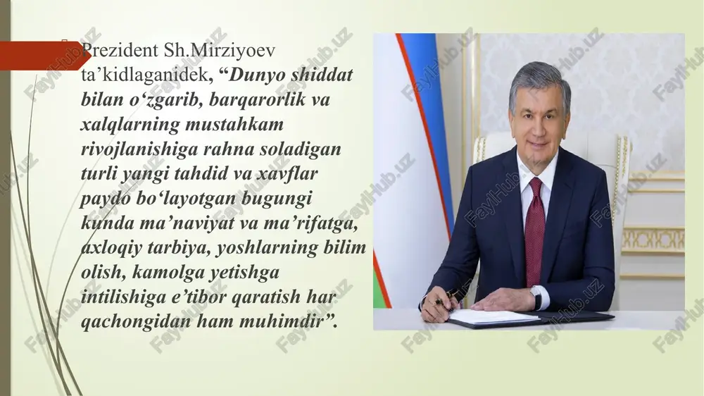 ’g’risidagi bitimlar uyg’unligi, jahonni yagona va o’ta raqobatli bozorga aylantirgan internet hamda moliyaviy bozorlarning birlashishidir”, rus olimi l.e. grinin “globallashuv -mintaqalar va umuman jahonning integratsiyasi va yaqinlashuvining natijasidir. bu jarayon, uning natijasida dunyo o‘zining barcha sub’ektlariga yanada aloqador va yana ham bog‘liq bo‘ladi globallashuvning ijobiy tomonlari: jahondagi xalqlarning tinchlik uchun kurashi; · turli hil mamlakatlarning iqtisod-siyosat, fan-texnika, madaniyat, ta’lim va boshqa sohalardagi xamkorlik; · qurollanish poygasiga qarshi kurash; · terrorizm va giyoxvandlikka qarshi kurash; · yuqumli kasalliklar epidemiyalariga qarshi kurash; · tabiiy ofatlar ya’ni zil-zila, suv toshqinlari, yong‘inlar, vulqon otilishi, sunami va boshqalardan zarar ko‘rgan aholiga boshqa mamlakatlarning beg‘araz yordami. globallashuvning salbiy tomonlari: · ekologik muammolar ya’ni ozon teshiklari er xaroratining oshib borishi, o‘rmonlarining kamayishi, ya’ni cho‘l va saxrolarning paydo bo‘lishi, orol dengizi fojiasi va boshqalar; ·turli mamlakatlarga kasallik epidemiyalarini tarqalishi, ayniqsa oits; ·terrorizm va giyoxvandlikning oshishi; ·ommaviy ma’naviyat tahdidi. ·qurol va giyoxvand moddalar savdosining kengayishi va boshqalar hozirgi globallashuv …